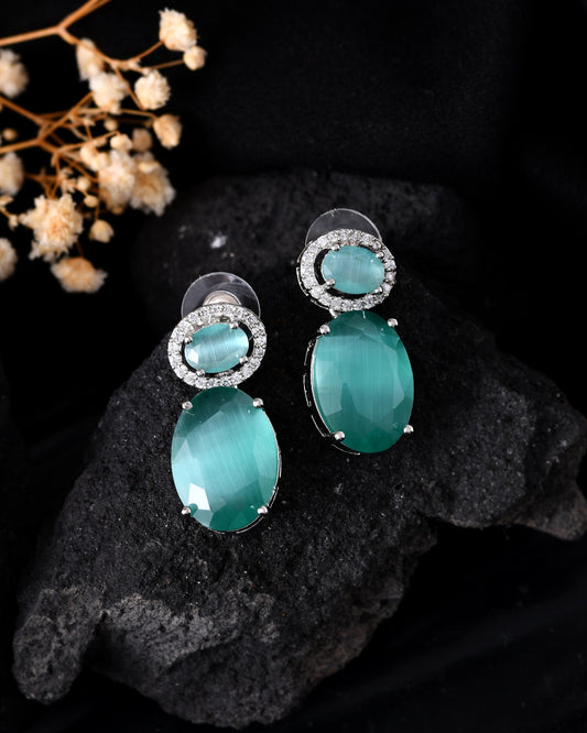 VOJ Silver Plated Sea Green Stone Studded Ad Earrings - Swadesiicart