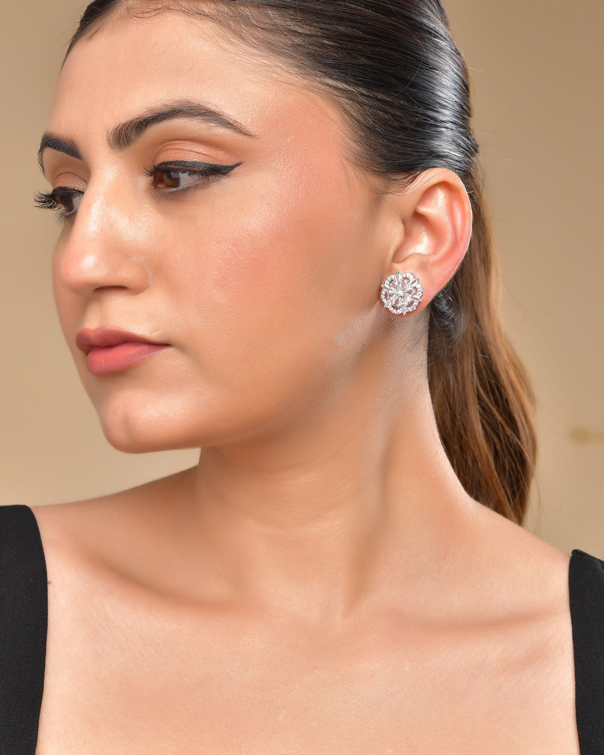 VOJ Silver Plated Floral Shape Ad Stone Studded Studs Earrings - Swadesiicart