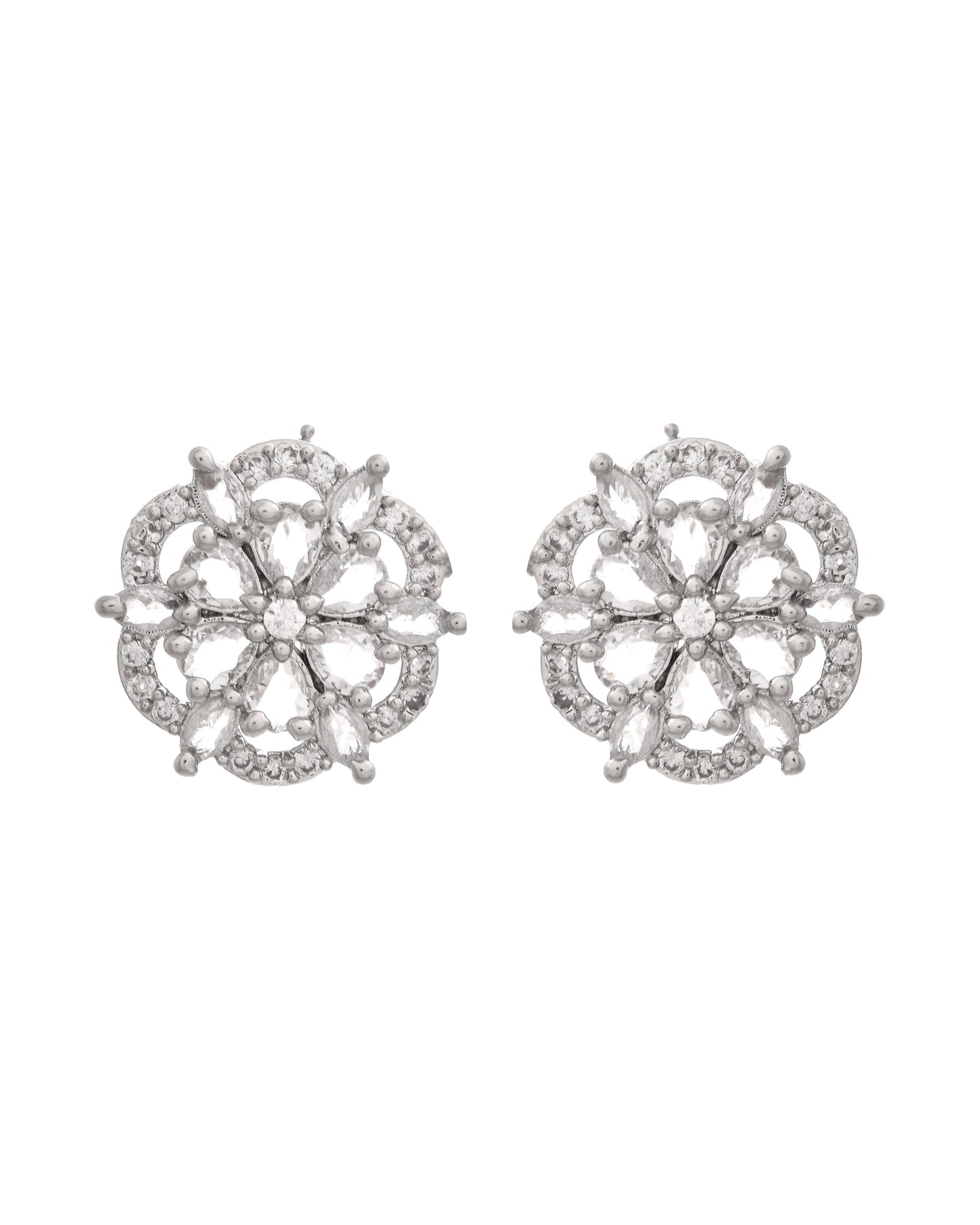 VOJ Silver Plated Floral Shape Ad Stone Studded Studs Earrings - Swadesiicart