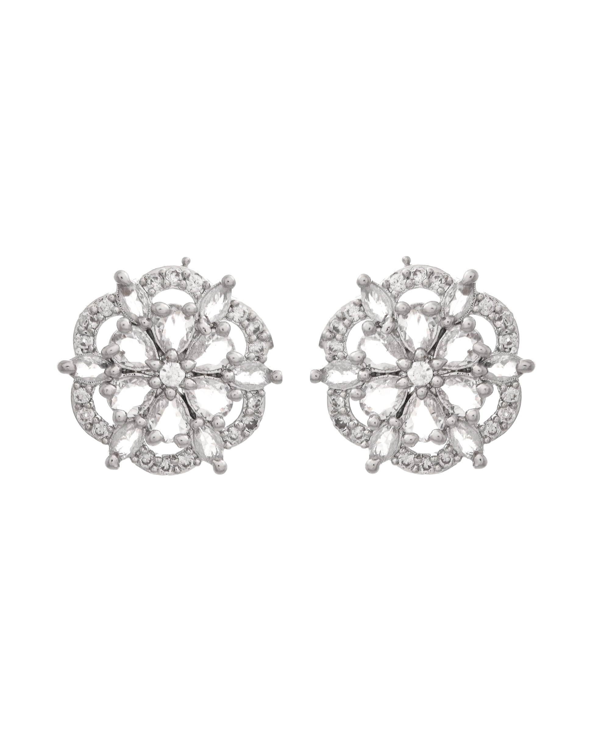 VOJ Silver Plated Floral Shape Ad Stone Studded Studs Earrings - Swadesiicart
