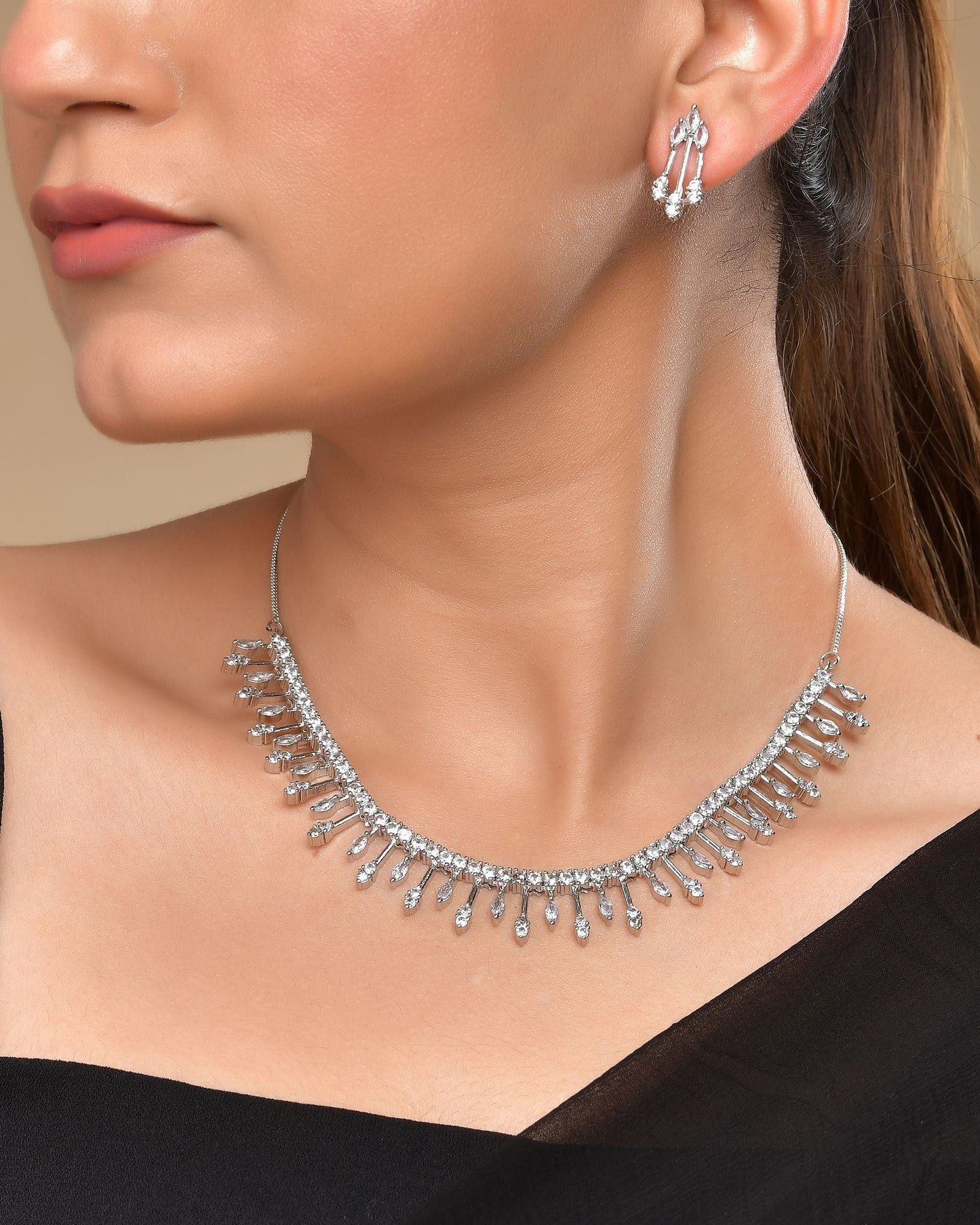 VOJ Silver Plated Ad Stone Studded Elegant Minimal Jewellery Set - Swadesiicart
