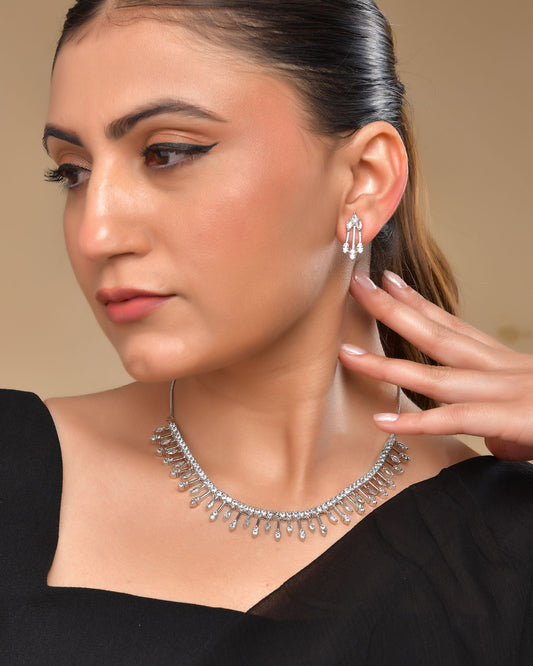 VOJ Silver Plated Ad Stone Studded Elegant Minimal Jewellery Set - Swadesiicart
