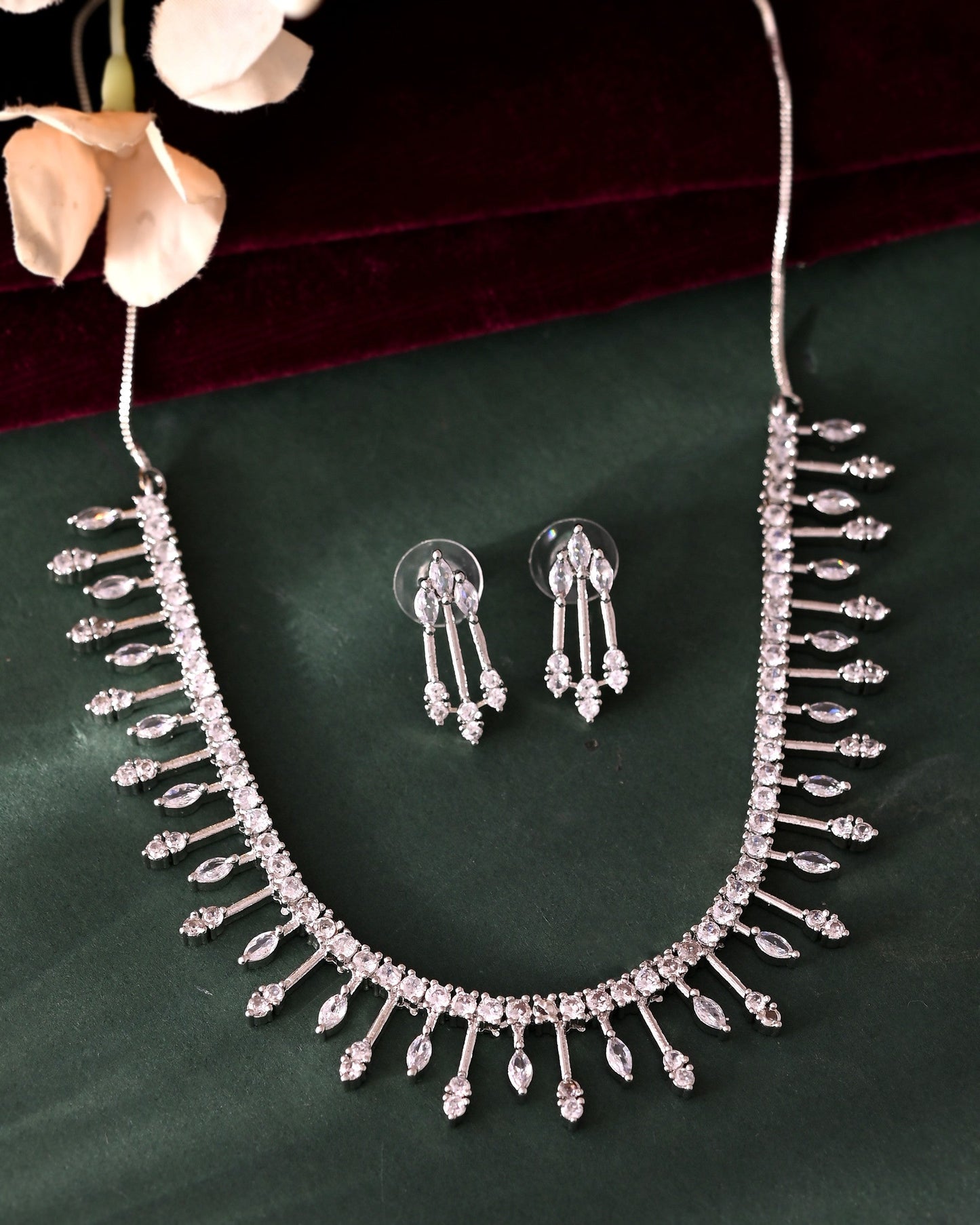 VOJ Silver Plated Ad Stone Studded Elegant Minimal Jewellery Set - Swadesiicart