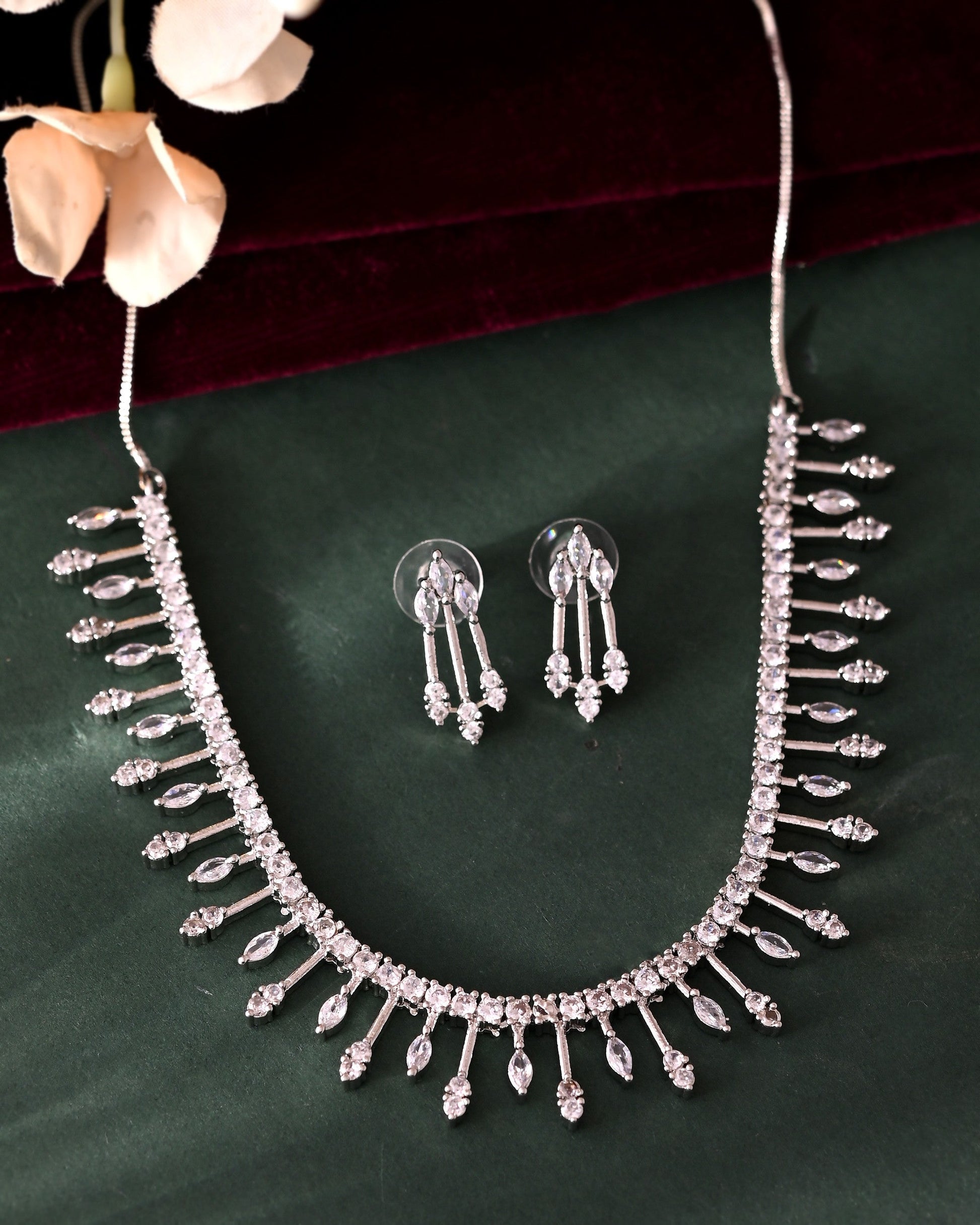 VOJ Silver Plated Ad Stone Studded Elegant Minimal Jewellery Set - Swadesiicart