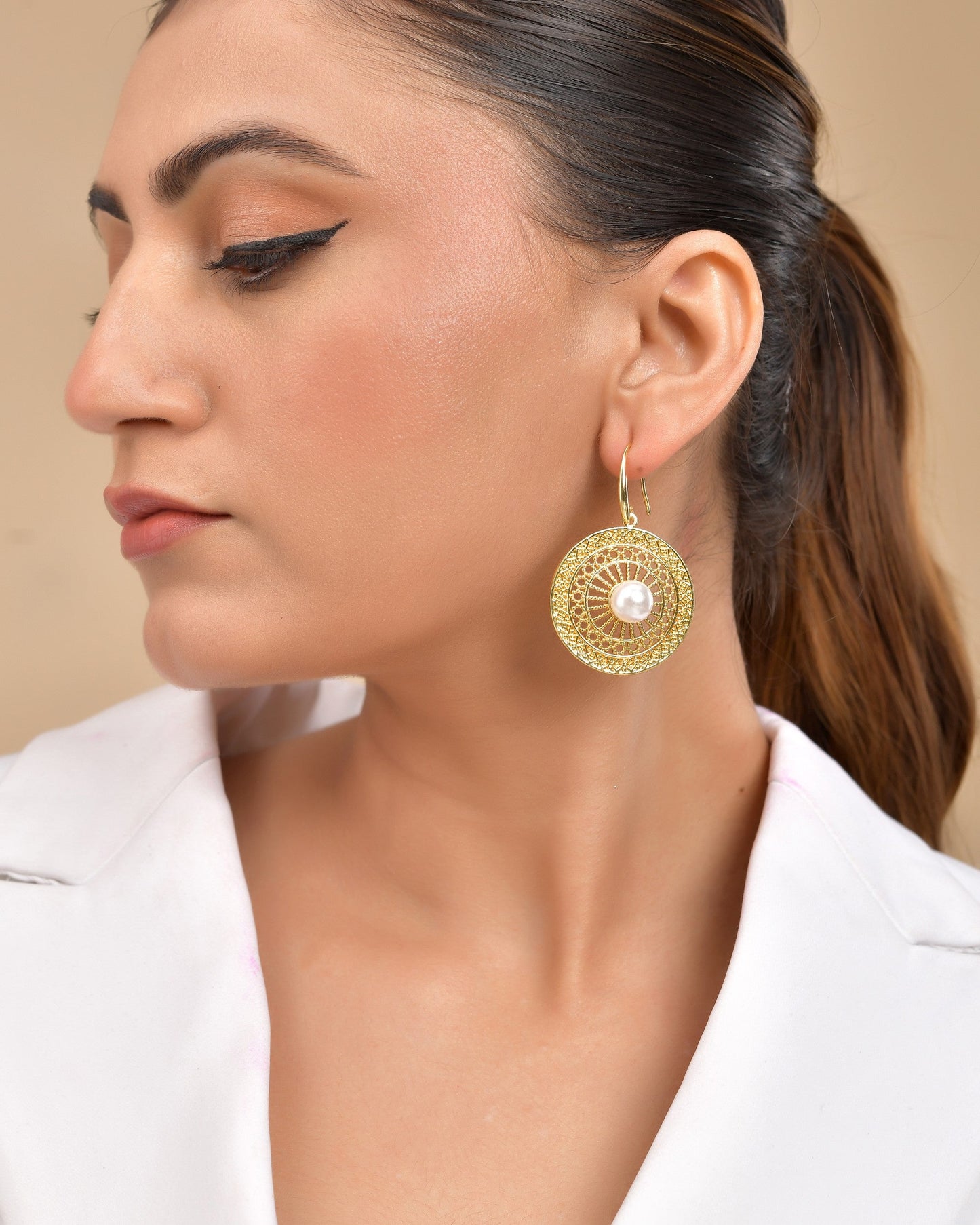 VOJ Gold Polished Anti Tarnish Circular Shaped Drop Earrings - Swadesiicart