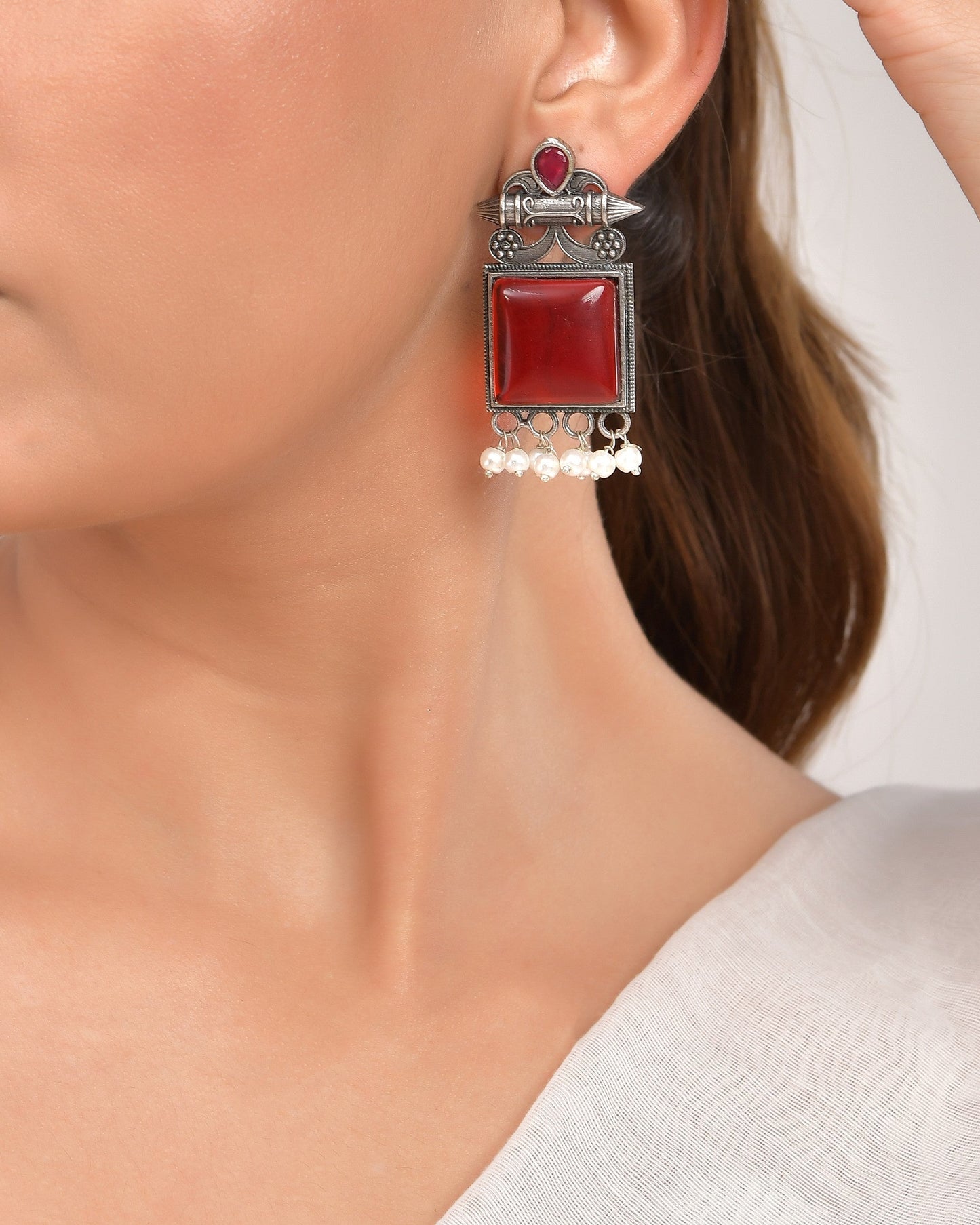 VOJ Silver Plated Oxidized Red Stone Studded Earrings - Swadesiicart