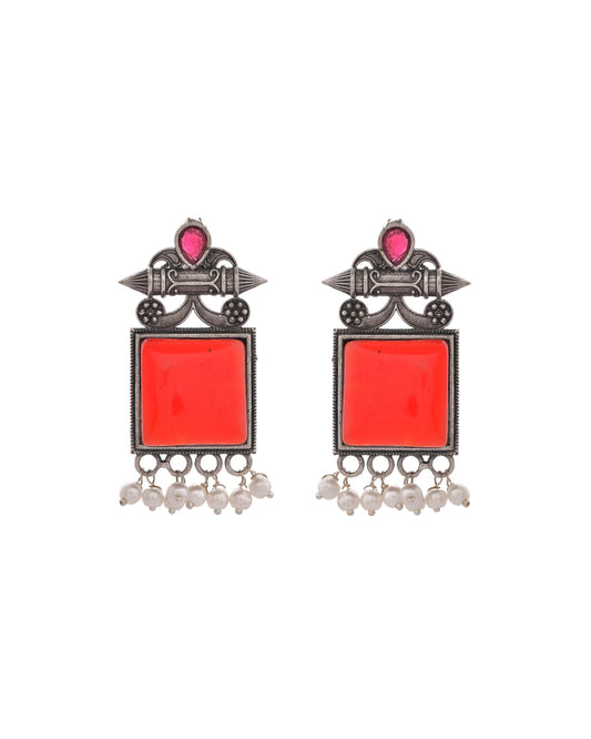 VOJ Silver Plated Oxidized Red Stone Studded Earrings - Swadesiicart