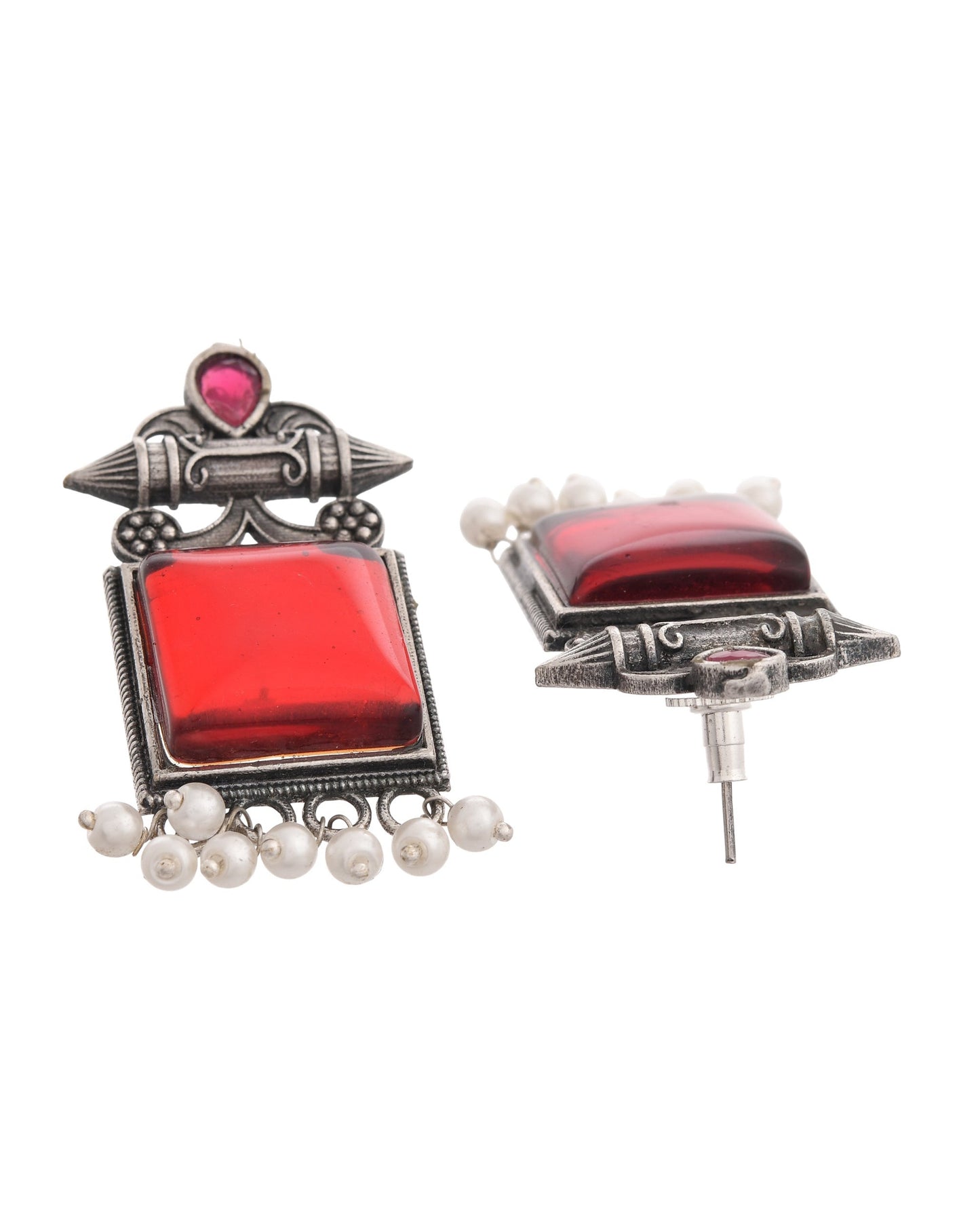 VOJ Silver Plated Oxidized Red Stone Studded Earrings - Swadesiicart