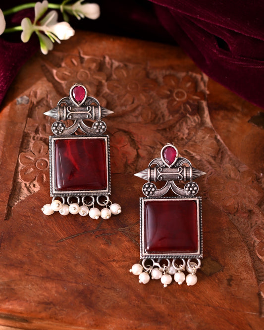 VOJ Silver Plated Oxidized Red Stone Studded Earrings - Swadesiicart