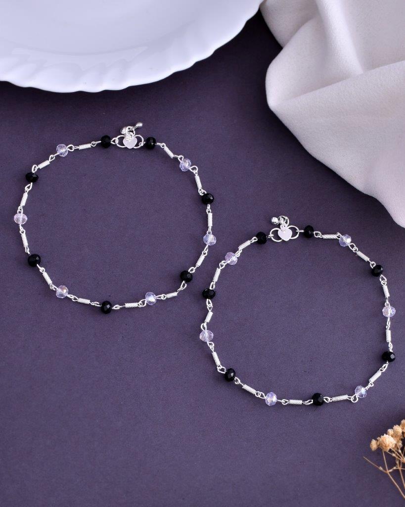 VOJ Set of 2 Silver Plated Black & White Beads Anklets - Swadesiicart