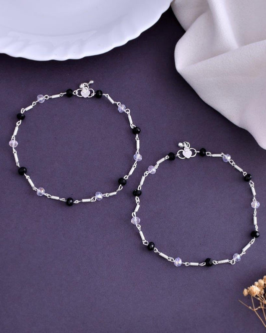 VOJ Set of 2 Silver Plated Black & White Beads Anklets - Swadesiicart