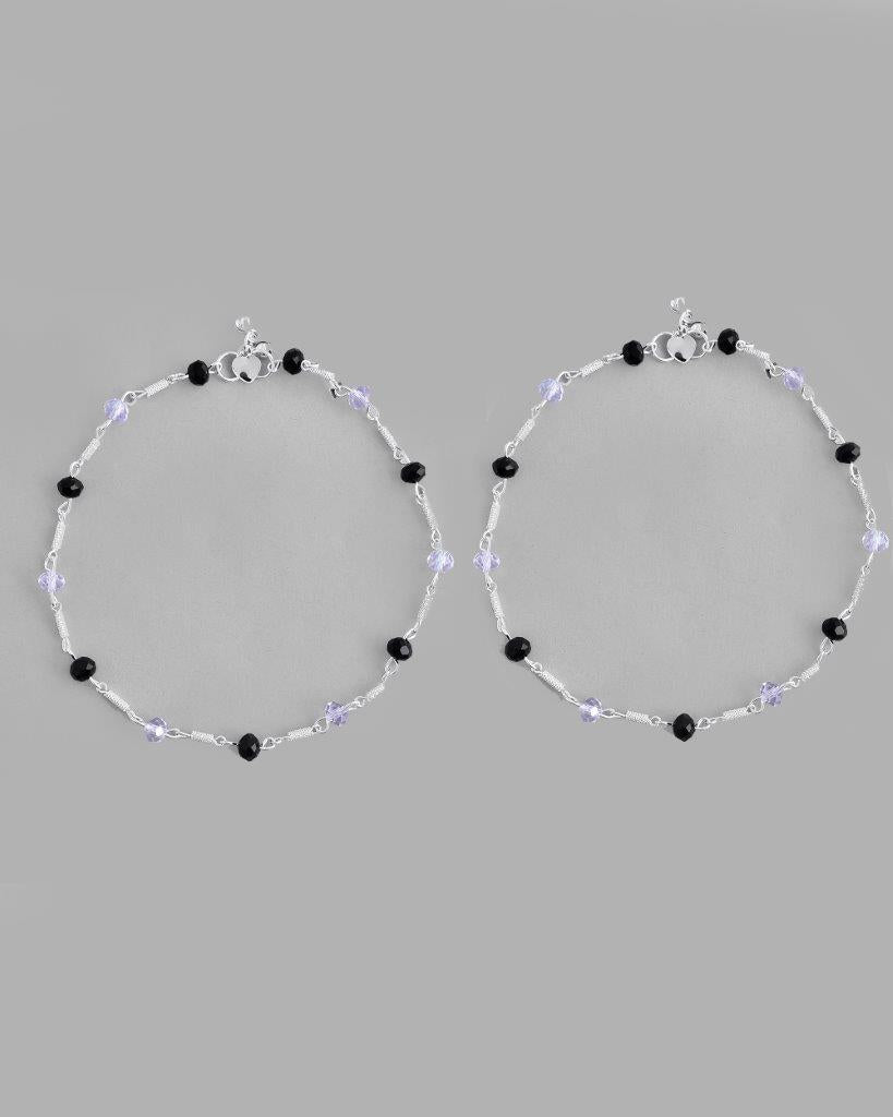 VOJ Set of 2 Silver Plated Black & White Beads Anklets - Swadesiicart