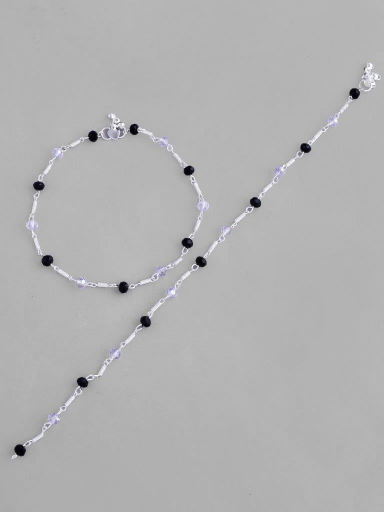 VOJ Set of 2 Silver Plated Black & White Beads Anklets - Swadesiicart