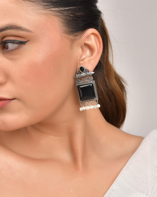 VOJ Silver Plated Oxidized Black Stone Studded Earrings - Swadesiicart