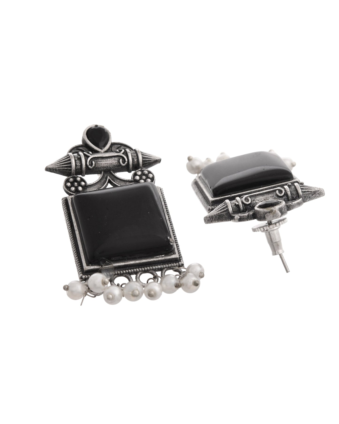 VOJ Silver Plated Oxidized Black Stone Studded Earrings - Swadesiicart