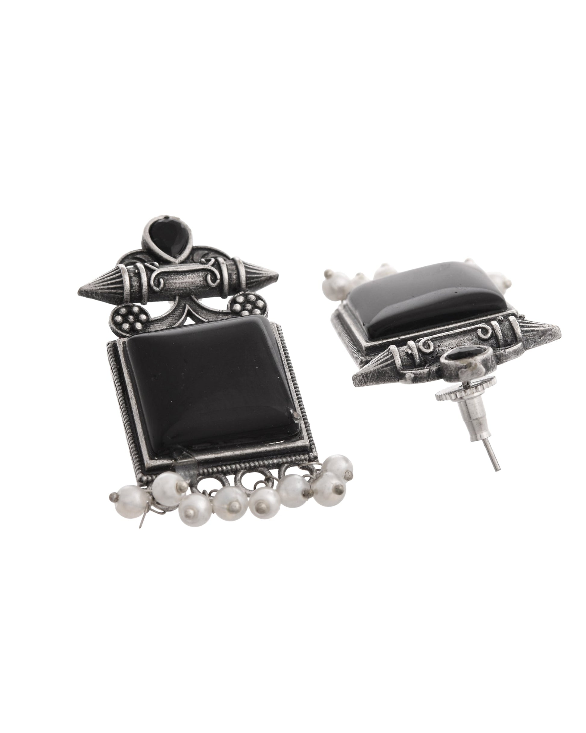 VOJ Silver Plated Oxidized Black Stone Studded Earrings - Swadesiicart