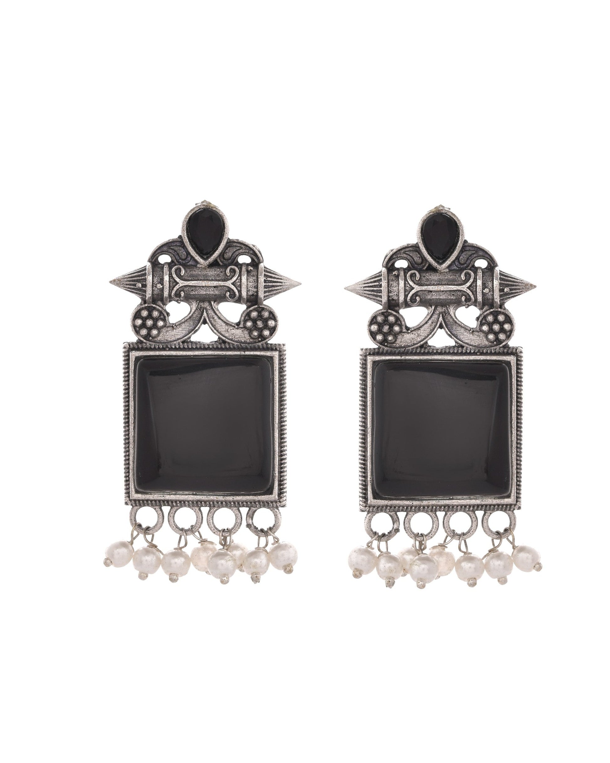 VOJ Silver Plated Oxidized Black Stone Studded Earrings - Swadesiicart