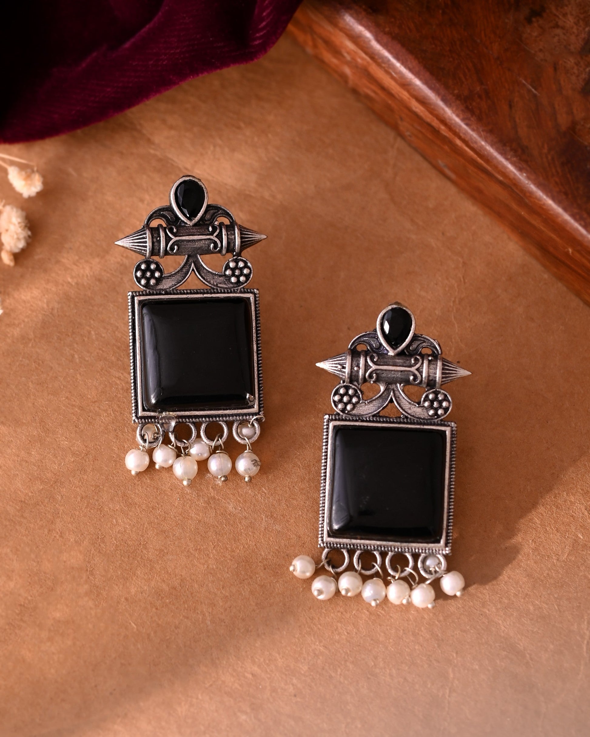 VOJ Silver Plated Oxidized Black Stone Studded Earrings - Swadesiicart