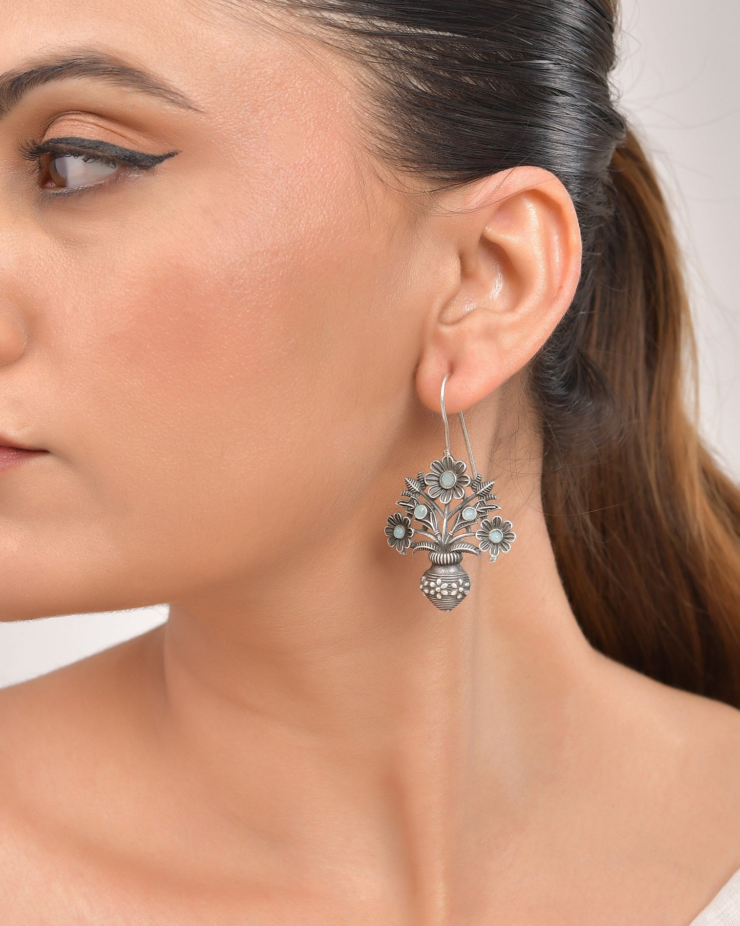 VOJ Silver Plated Floral Shaped Oxidized Drop Earrings - Swadesiicart
