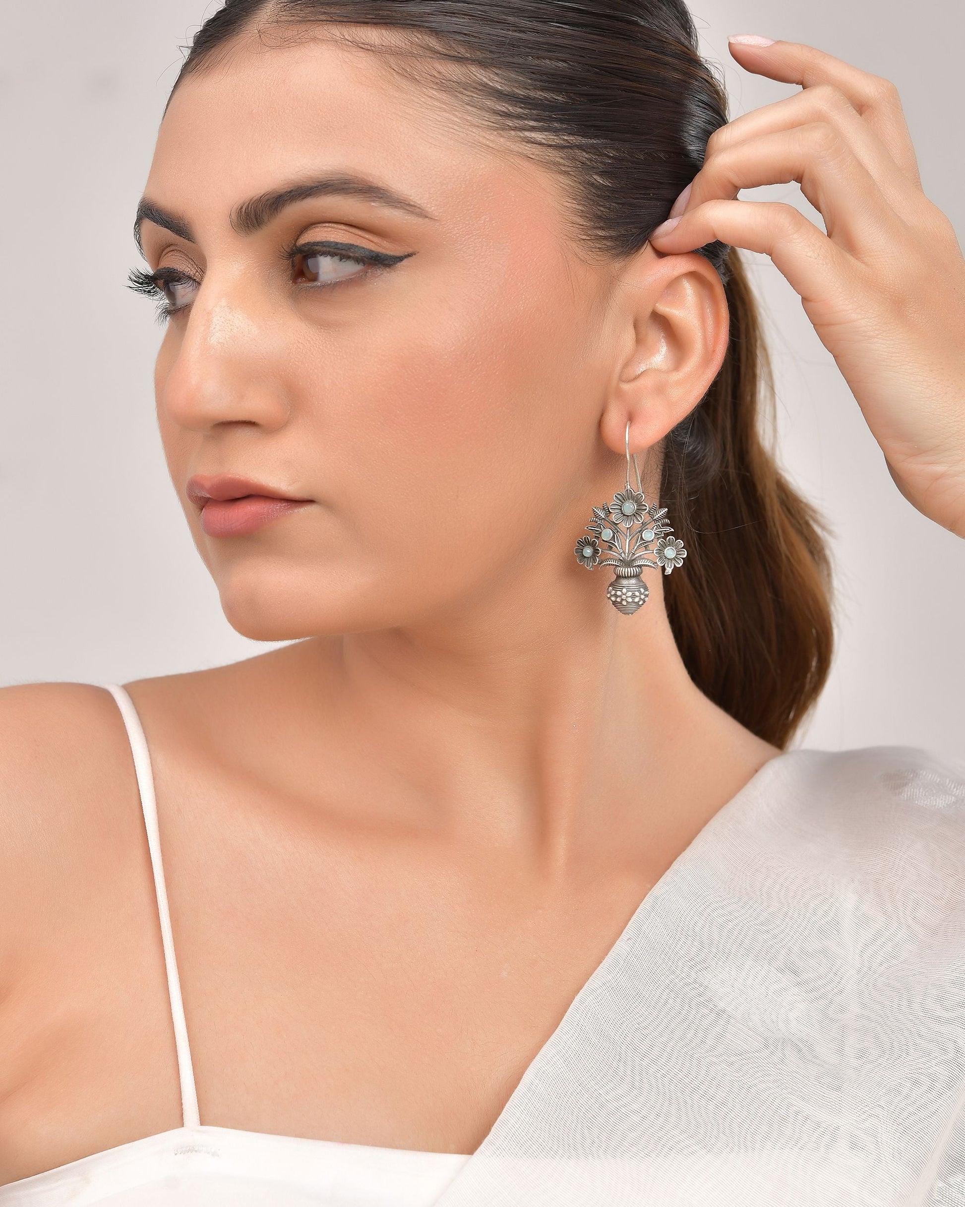 VOJ Silver Plated Floral Shaped Oxidized Drop Earrings - Swadesiicart
