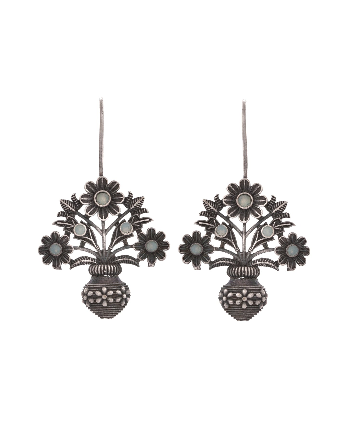 VOJ Silver Plated Floral Shaped Oxidized Drop Earrings - Swadesiicart