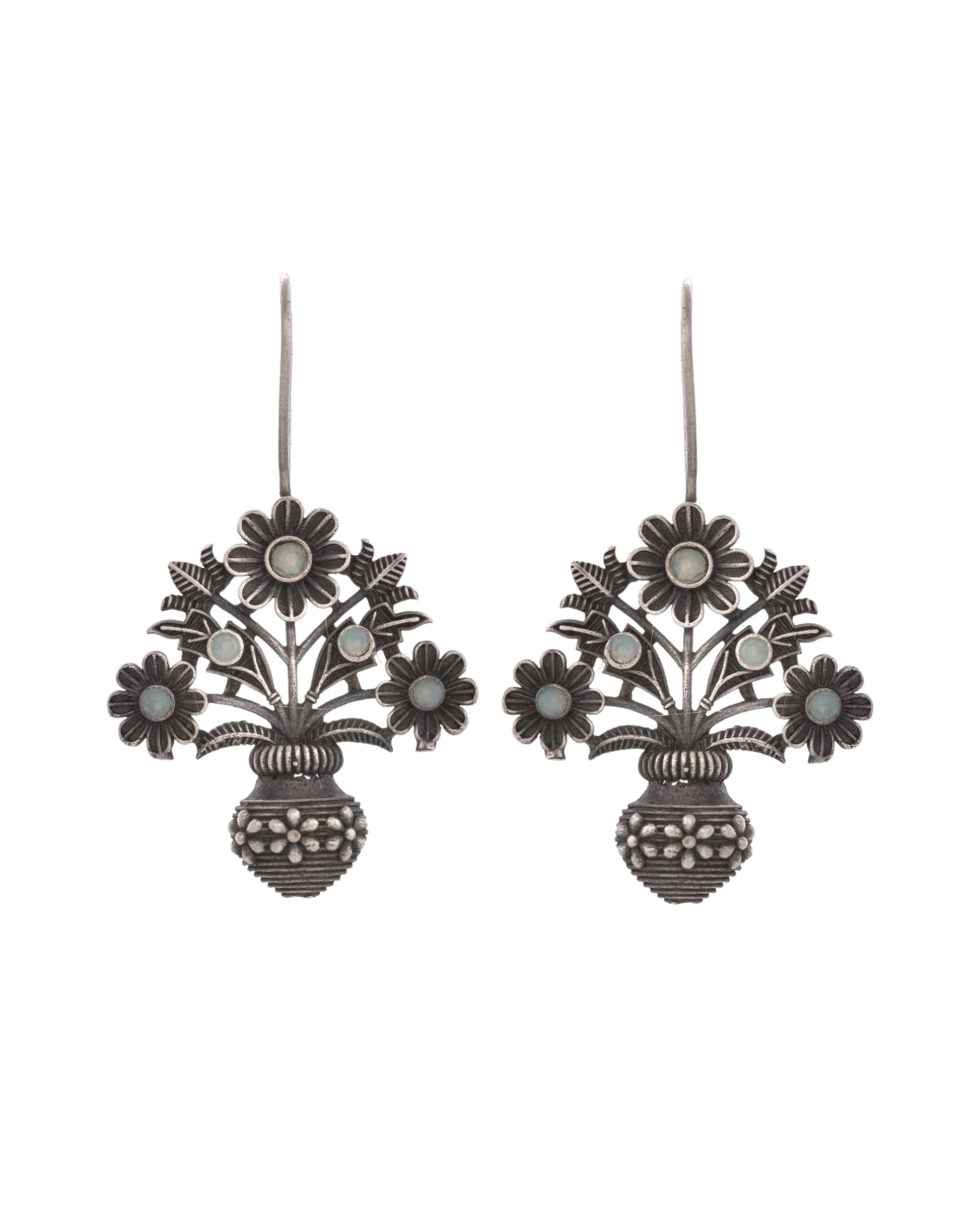 VOJ Silver Plated Floral Shaped Oxidized Drop Earrings - Swadesiicart