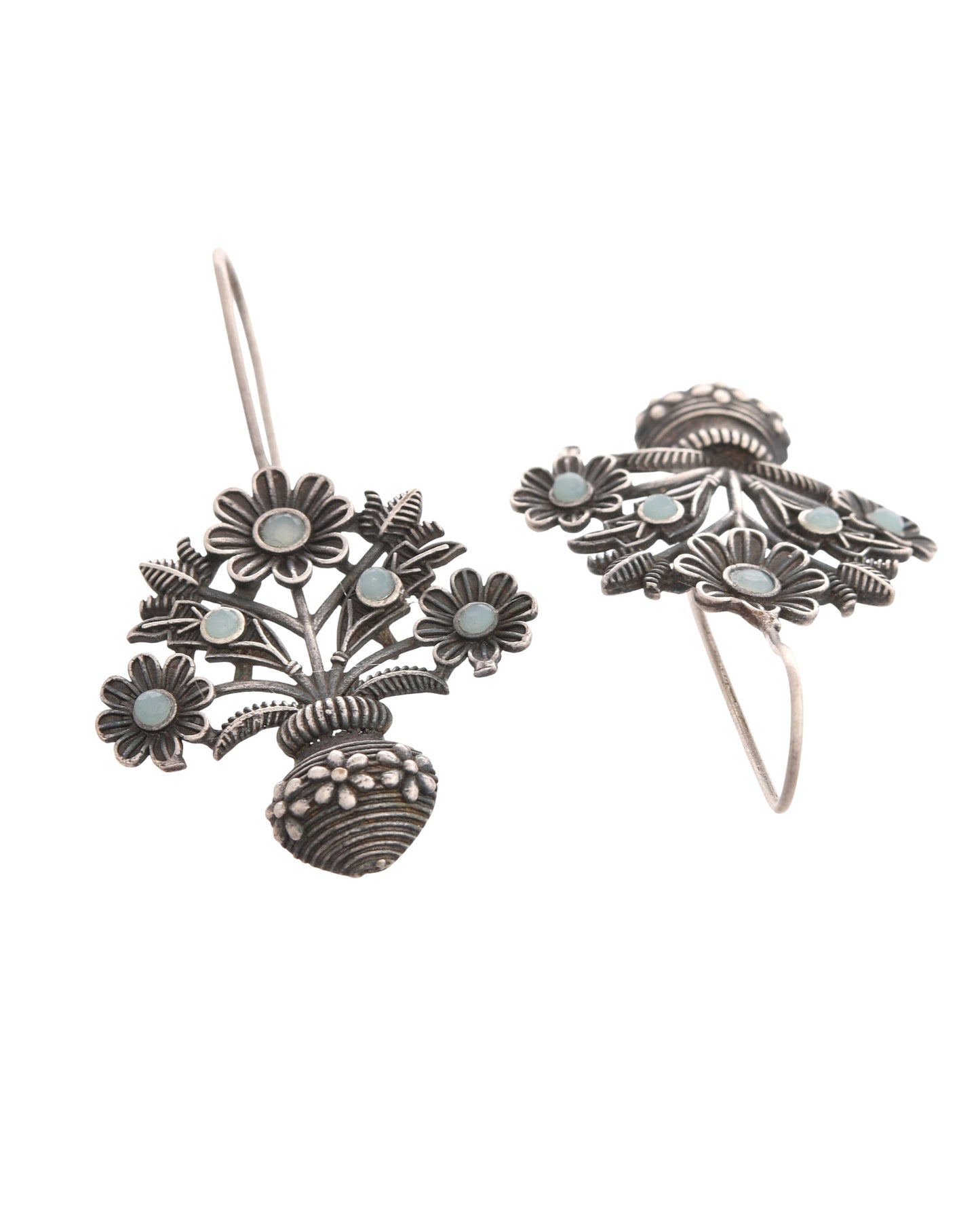 VOJ Silver Plated Floral Shaped Oxidized Drop Earrings - Swadesiicart