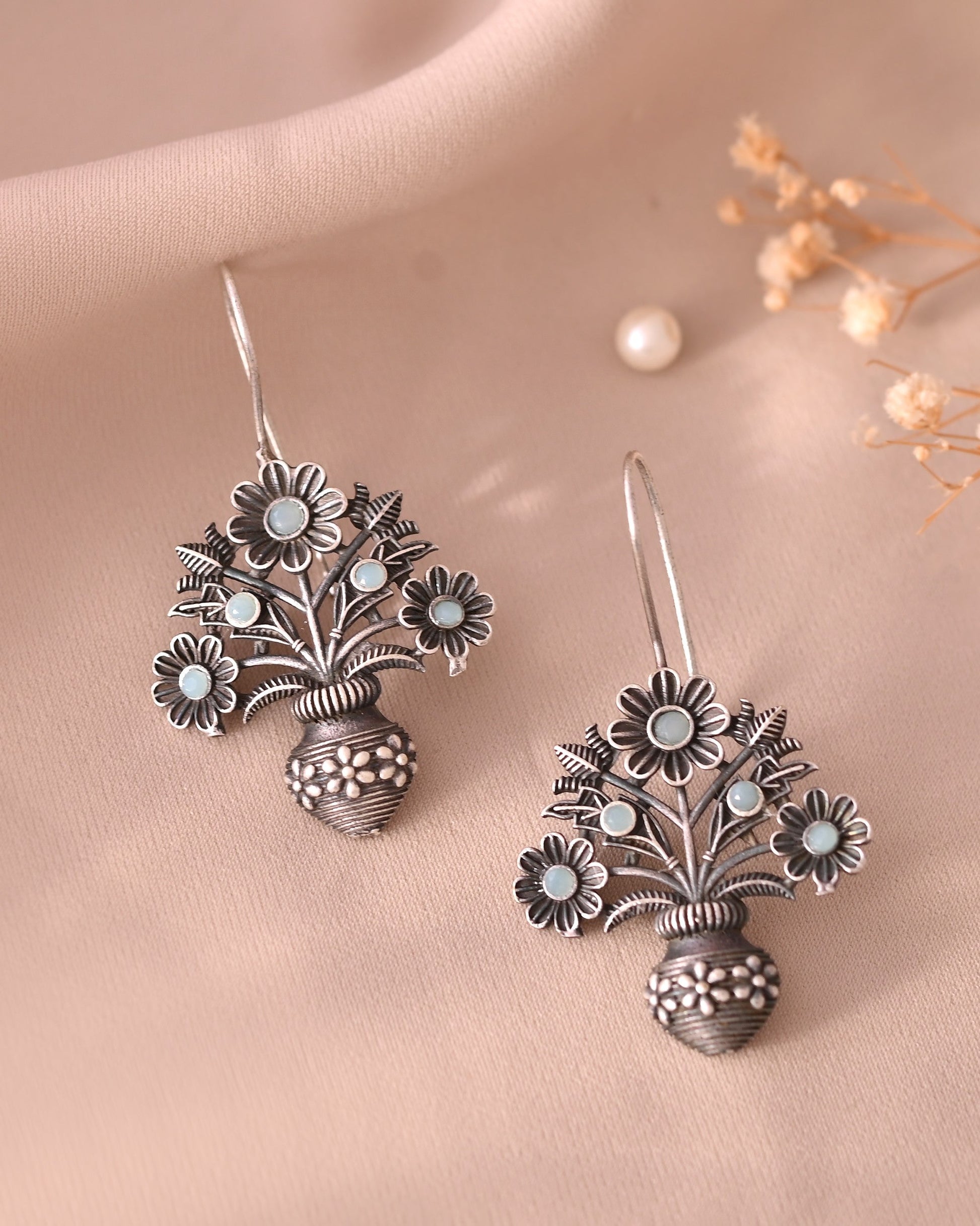 VOJ Silver Plated Floral Shaped Oxidized Drop Earrings - Swadesiicart