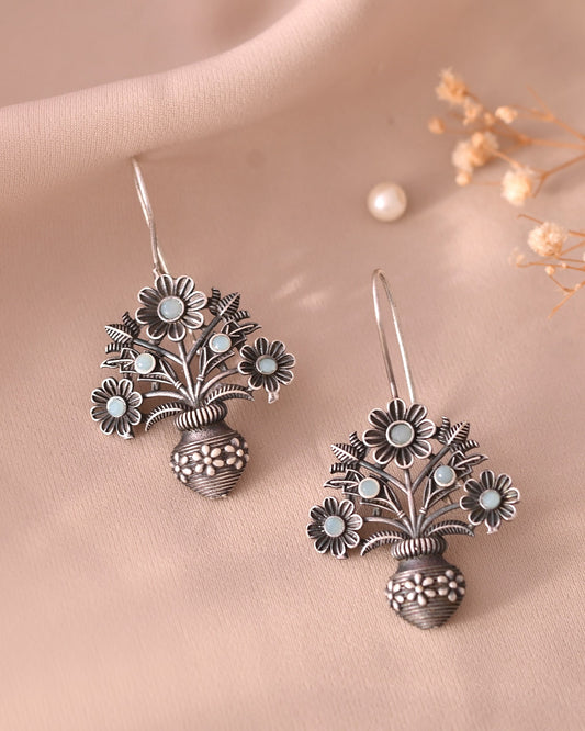 VOJ Silver Plated Floral Shaped Oxidized Drop Earrings - Swadesiicart