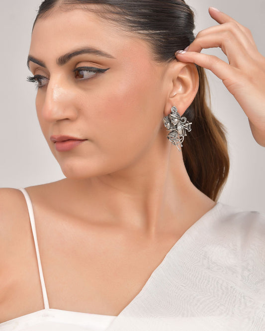 VOJ Silver Plated Oxidized Kanha Shaped Earrings - Swadesiicart