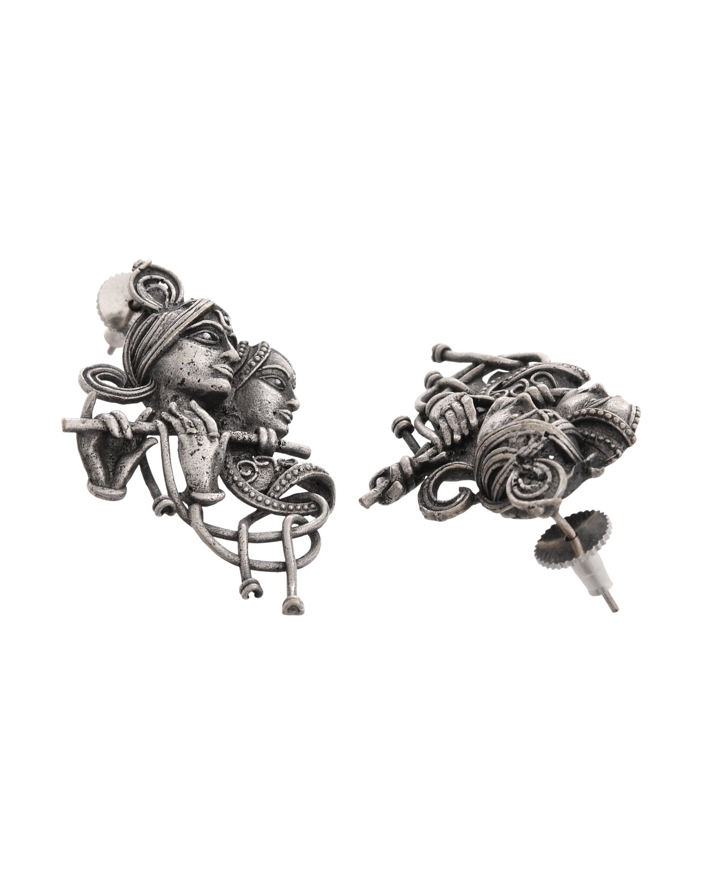 VOJ Silver Plated Oxidized Kanha Shaped Earrings - Swadesiicart