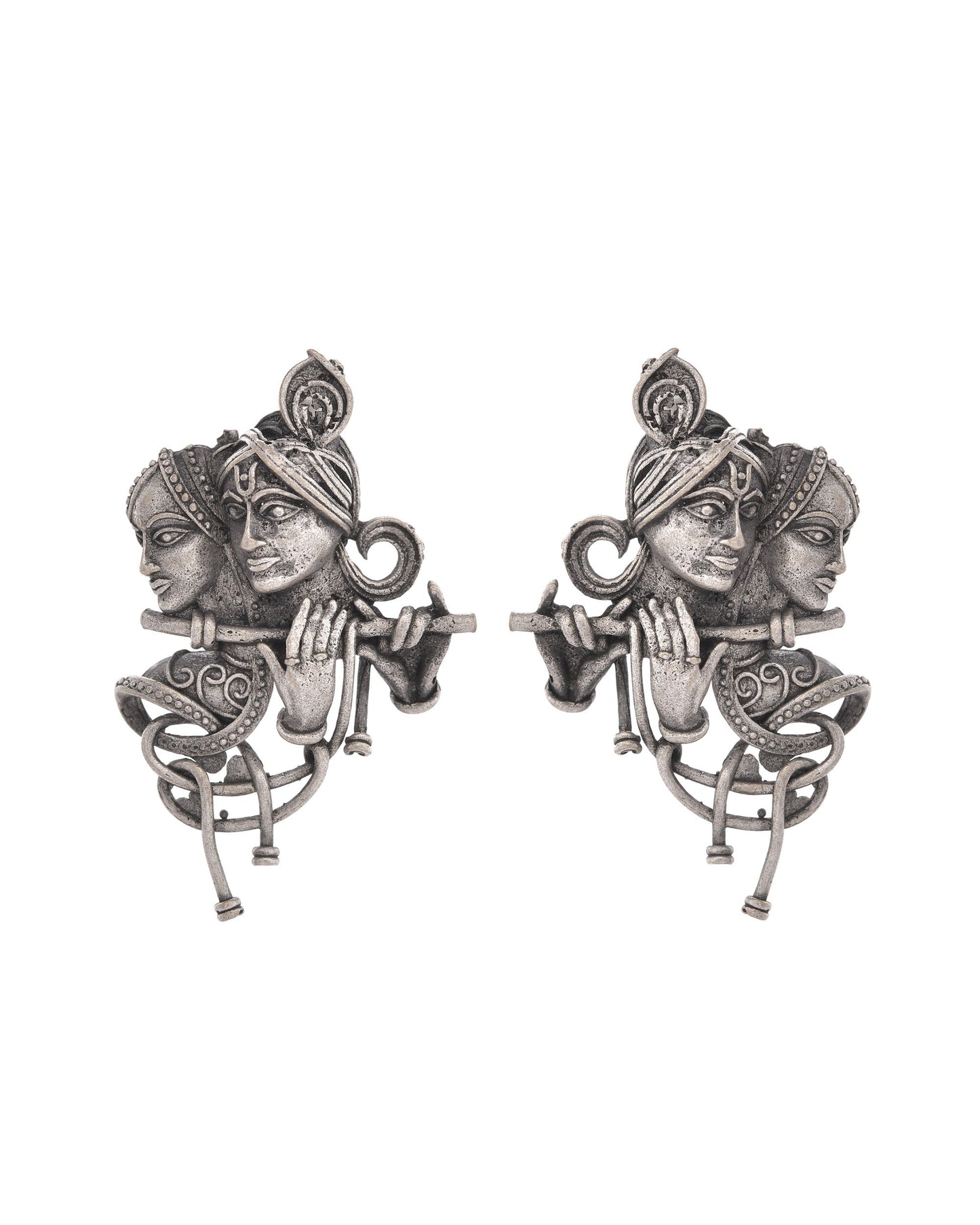 VOJ Silver Plated Oxidized Kanha Shaped Earrings - Swadesiicart