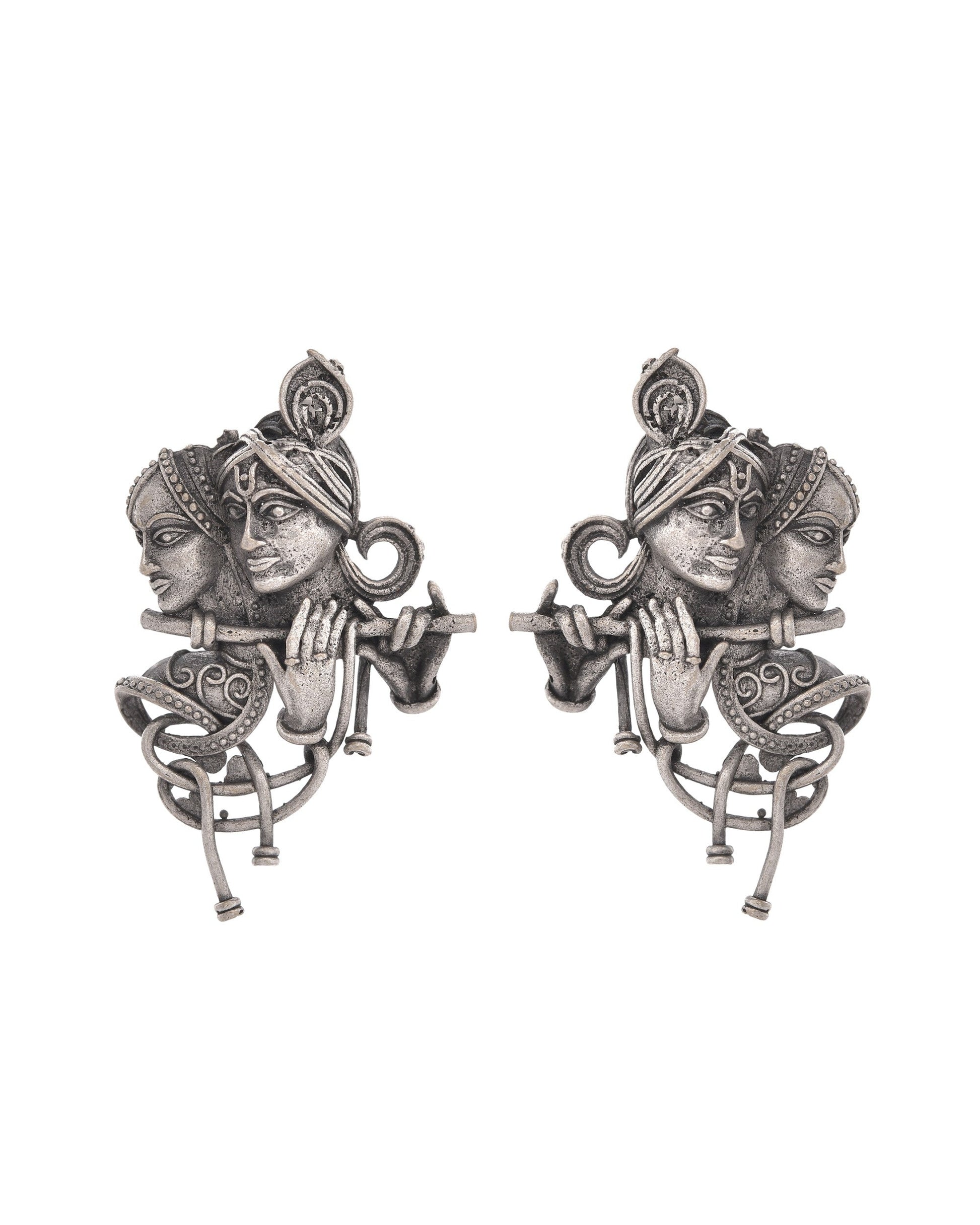 VOJ Silver Plated Oxidized Kanha Shaped Earrings - Swadesiicart