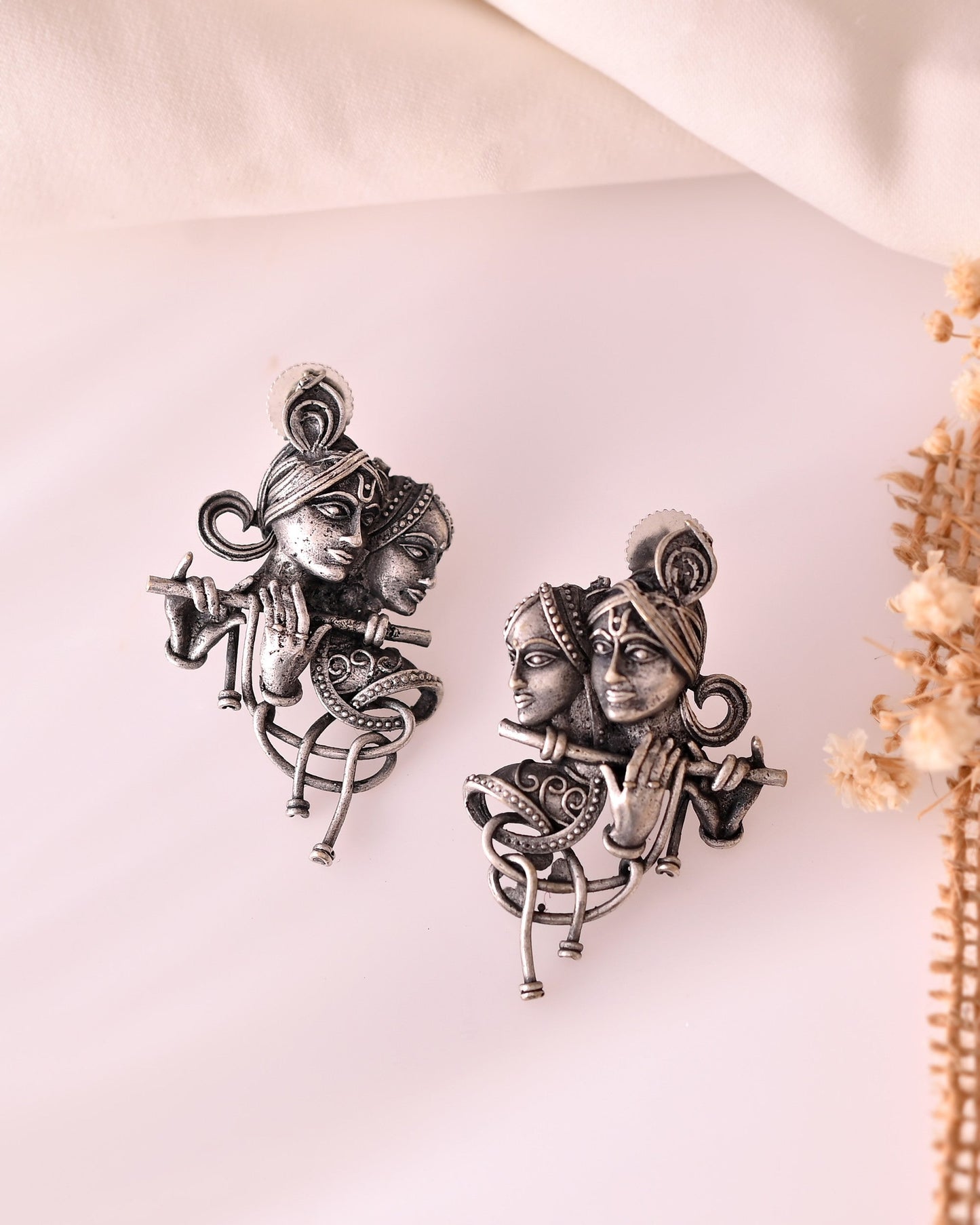 VOJ Silver Plated Oxidized Kanha Shaped Earrings - Swadesiicart