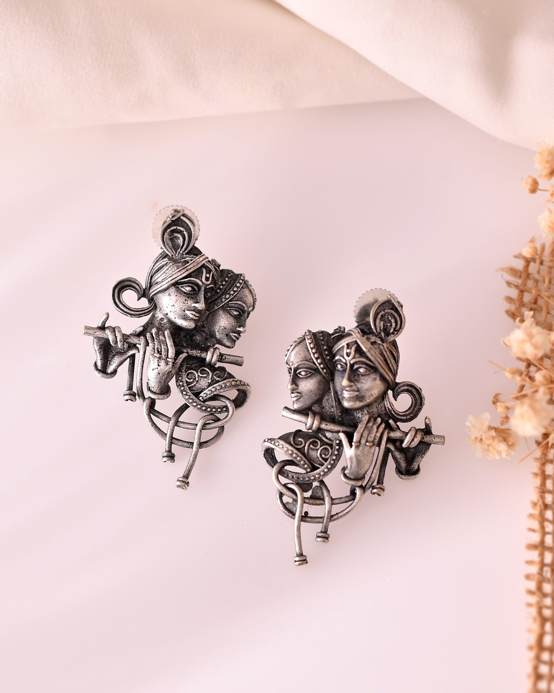 VOJ Silver Plated Oxidized Kanha Shaped Earrings - Swadesiicart