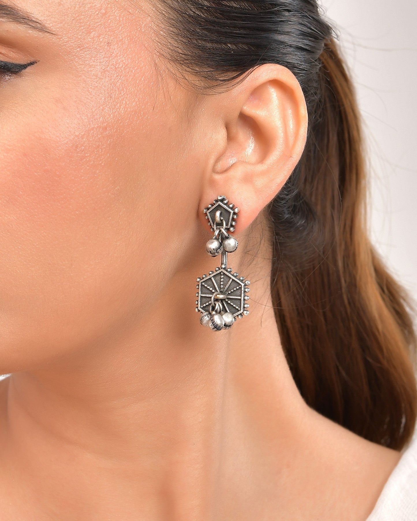 VOJ Silver Plated Oxidized Geometrical Shaped Studs Earrings - Swadesiicart