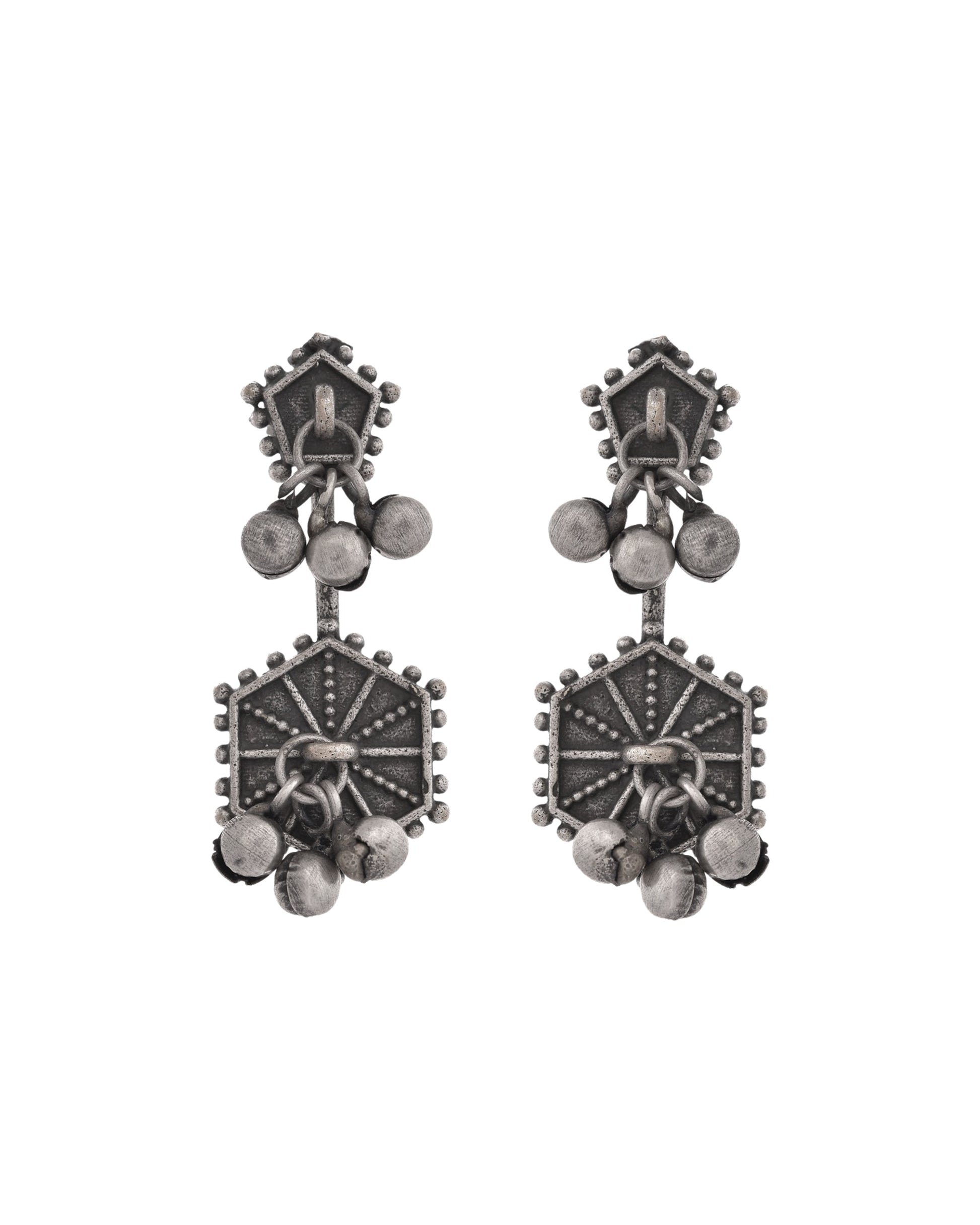 VOJ Silver Plated Oxidized Geometrical Shaped Studs Earrings - Swadesiicart