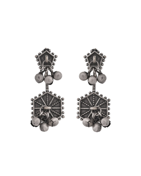 VOJ Silver Plated Oxidized Geometrical Shaped Studs Earrings - Swadesiicart