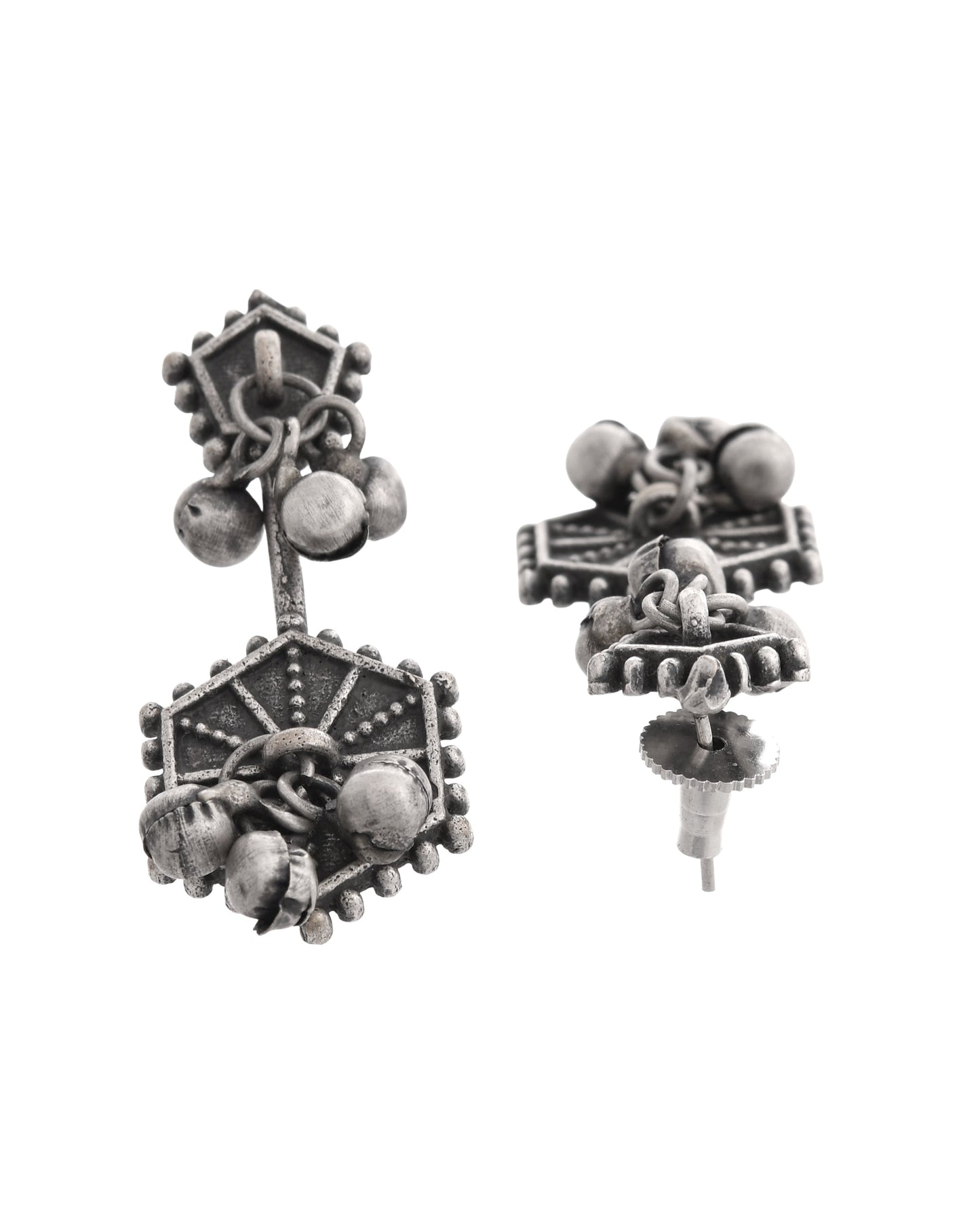 VOJ Silver Plated Oxidized Geometrical Shaped Studs Earrings - Swadesiicart