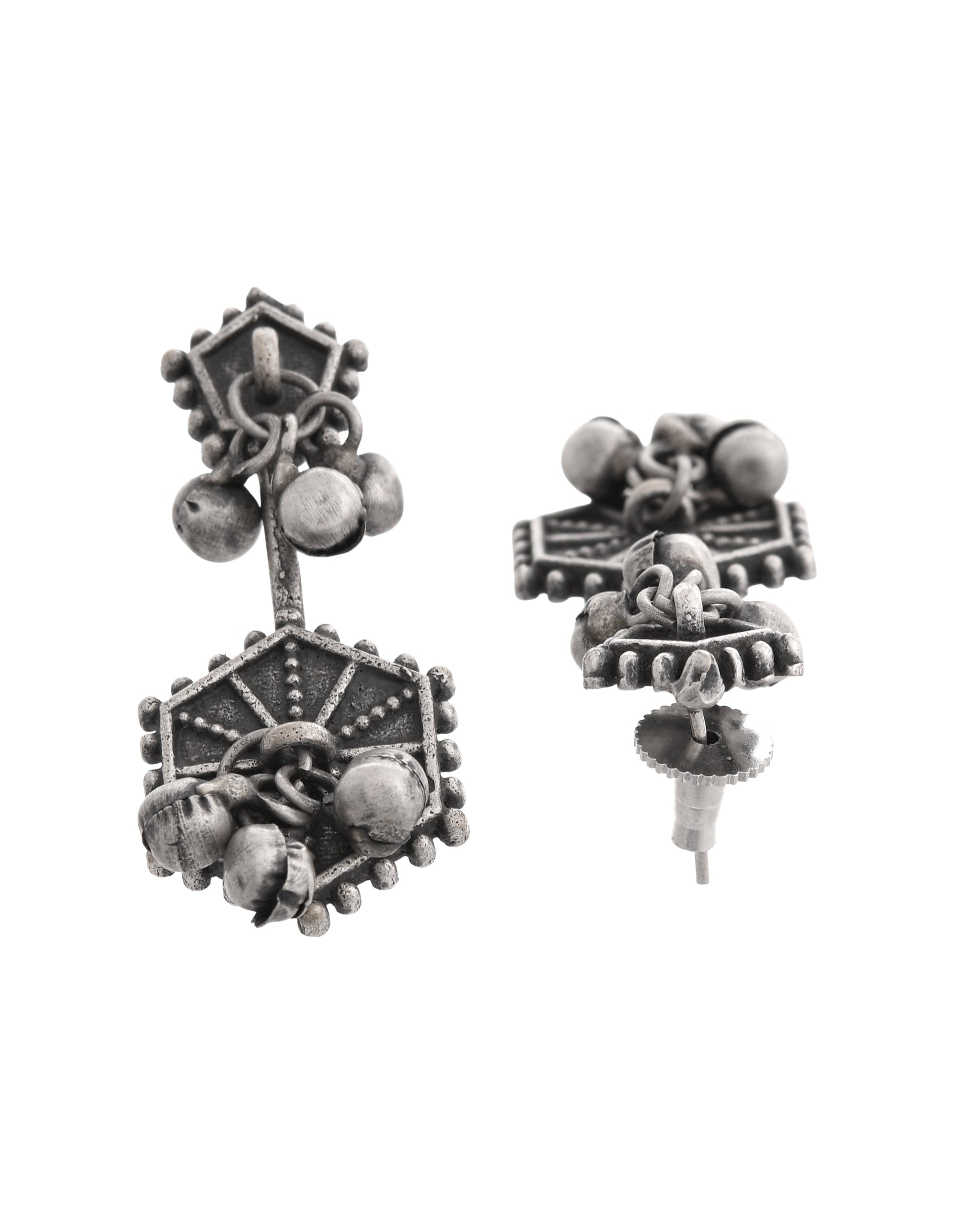 VOJ Silver Plated Oxidized Geometrical Shaped Studs Earrings - Swadesiicart