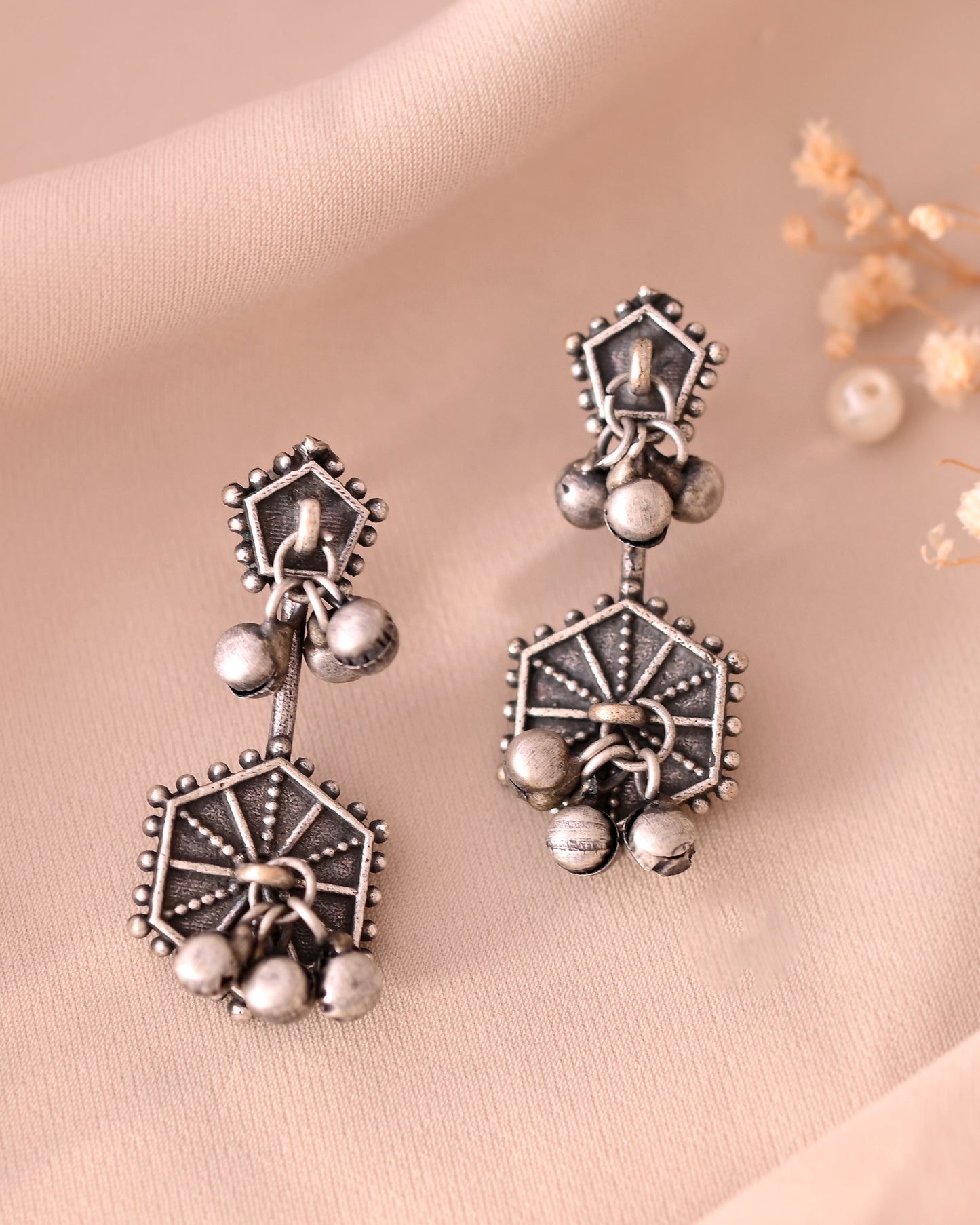 VOJ Silver Plated Oxidized Geometrical Shaped Studs Earrings - Swadesiicart