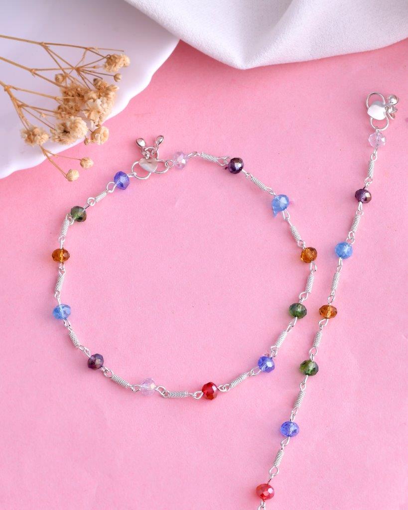 VOJ Set of 2 Silver Plated Multicolor Beads Anklets - Swadesiicart