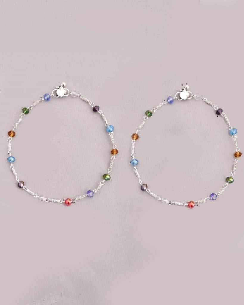 VOJ Set of 2 Silver Plated Multicolor Beads Anklets - Swadesiicart