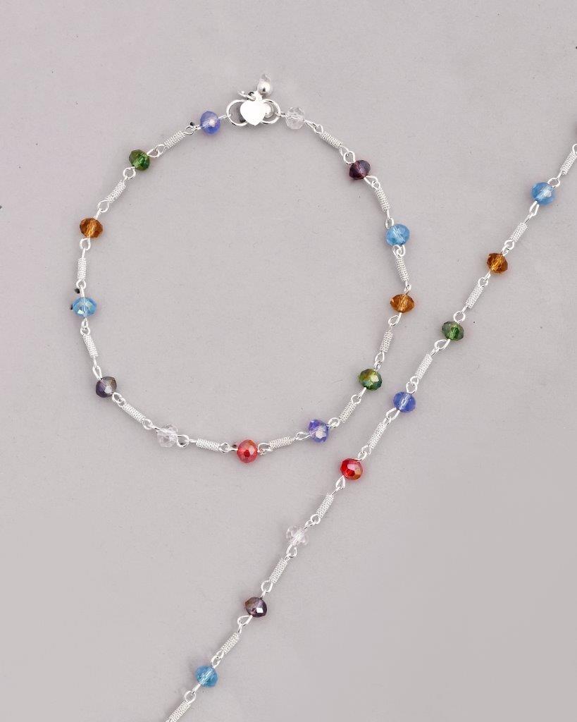 VOJ Set of 2 Silver Plated Multicolor Beads Anklets - Swadesiicart