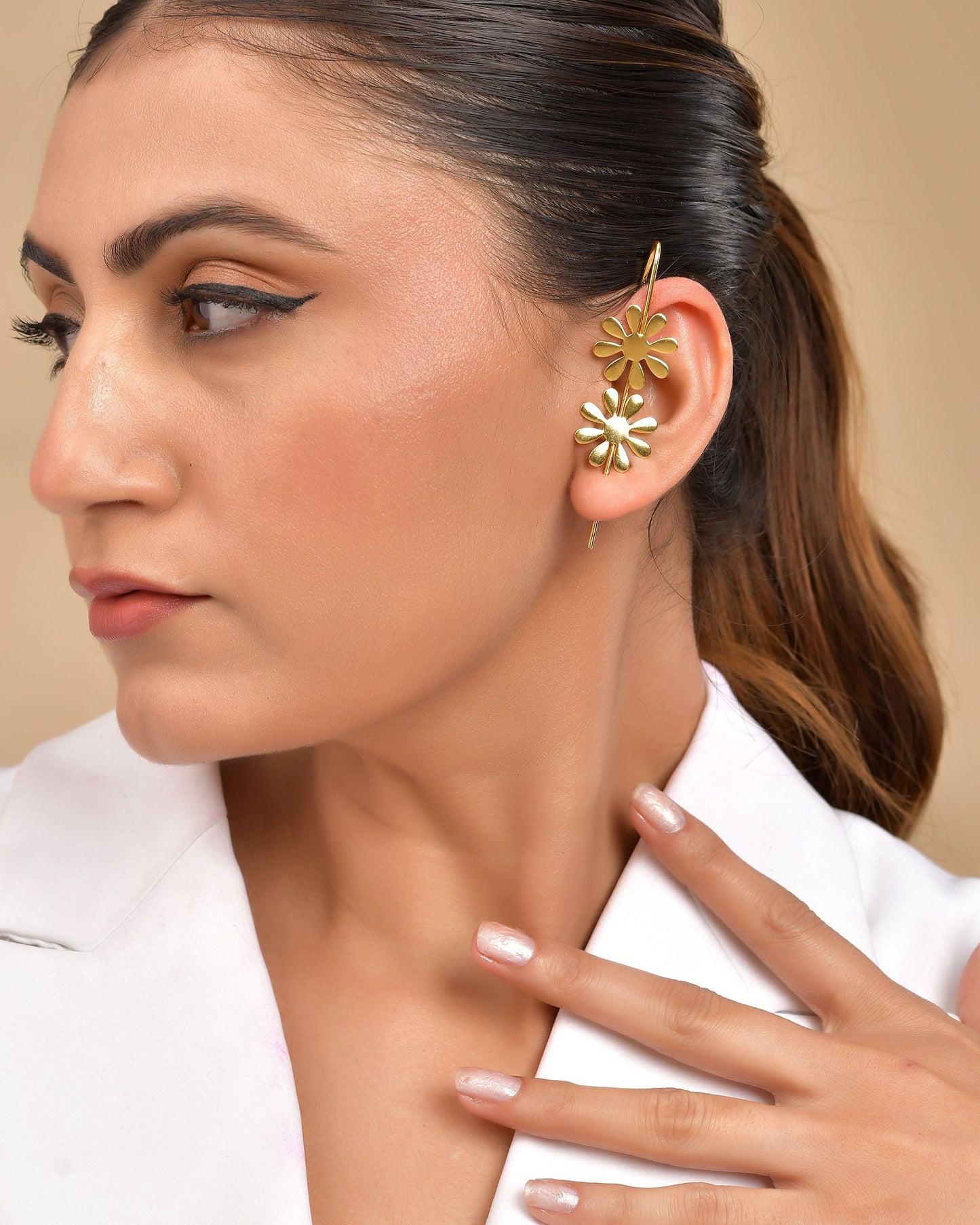 VOJ Gold Polished Floral Shaped Anti Tarnished Ear Cuff - Swadesiicart
