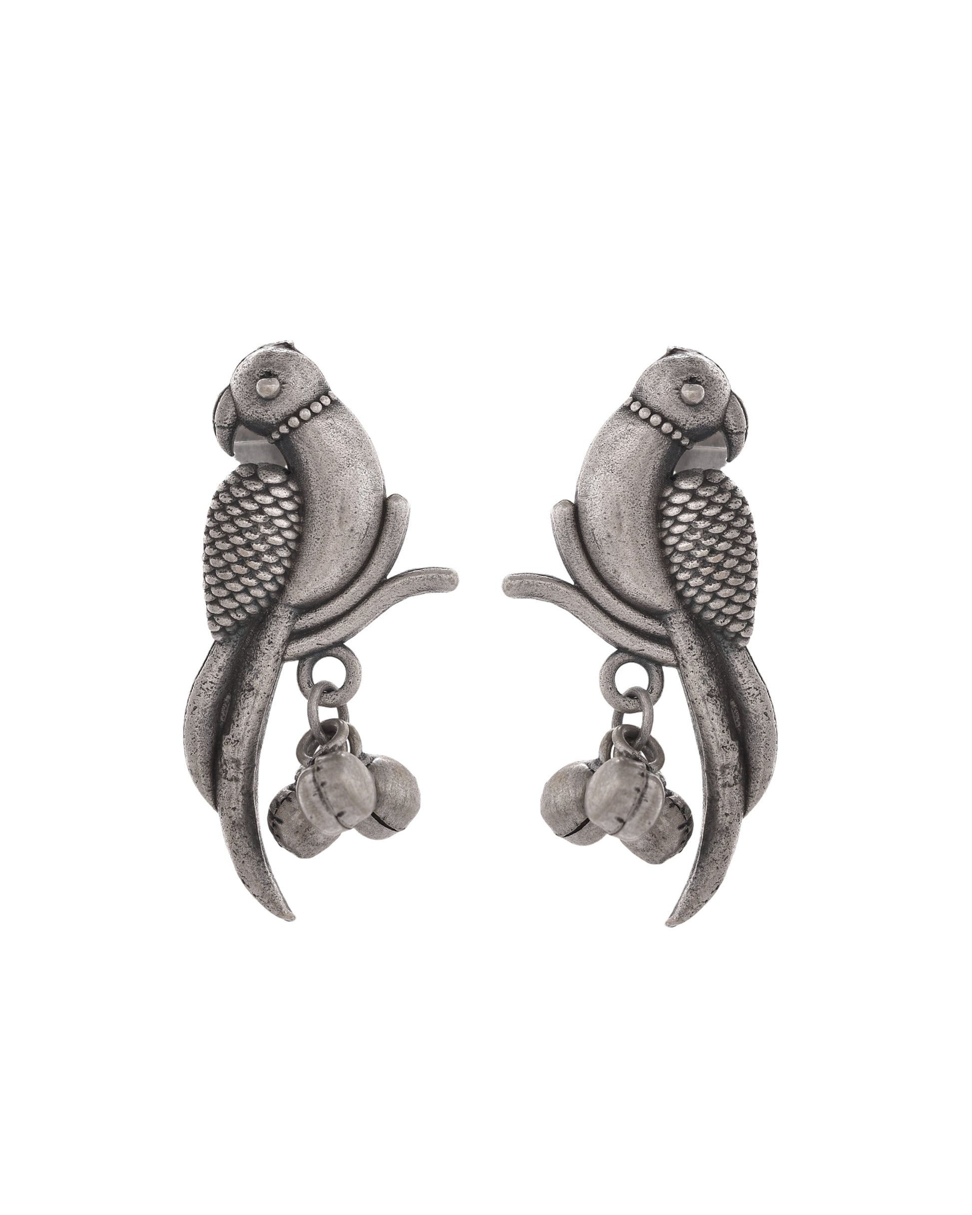 VOJ Silver Plated Oxidized Parrot Shaped Studs Earrings - Swadesiicart