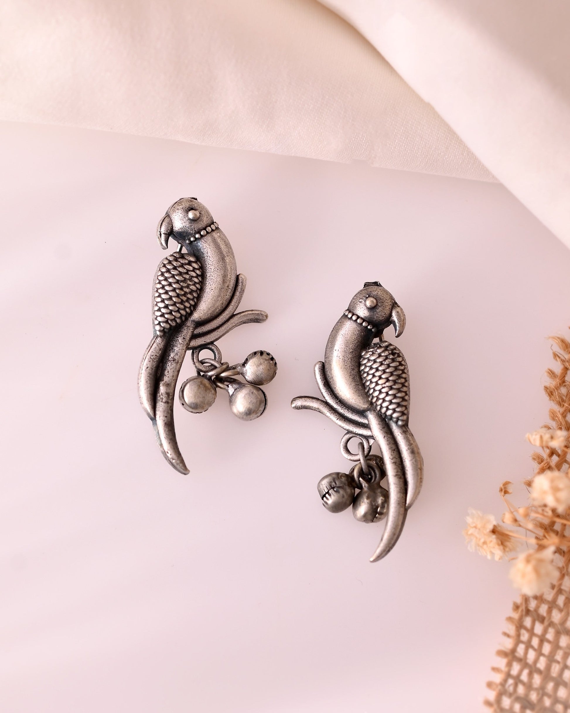 VOJ Silver Plated Oxidized Parrot Shaped Studs Earrings - Swadesiicart