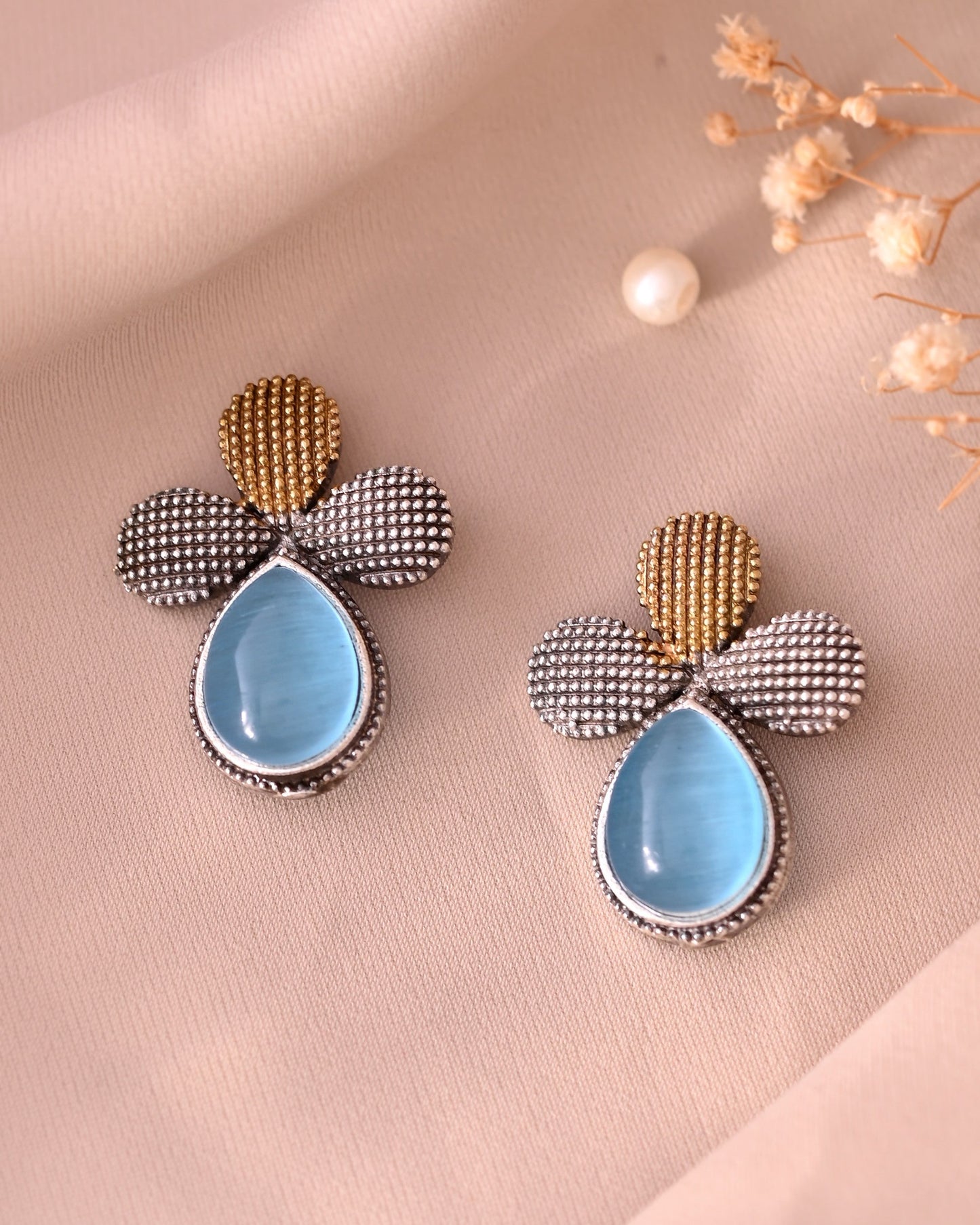 VOJ Silver Toned Blue Stone Studded Elegant Earrings - Swadesiicart