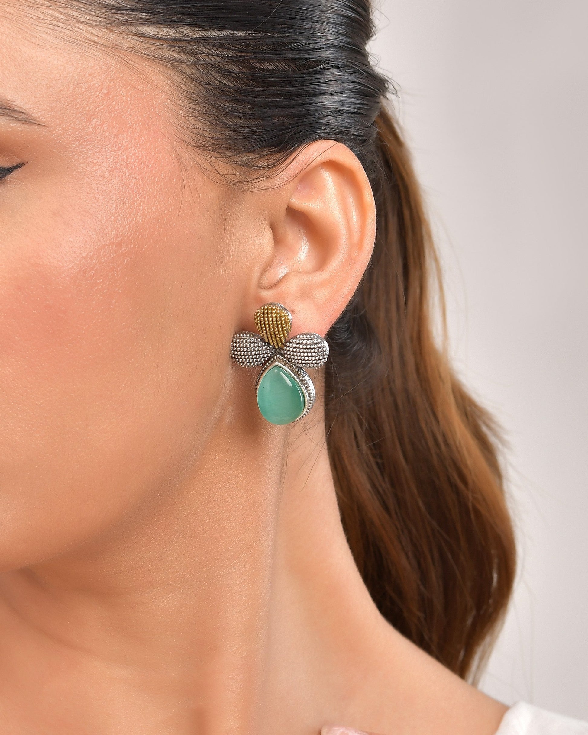 VOJ Silver Toned Teal Stone Studded Elegant Earrings - Swadesiicart