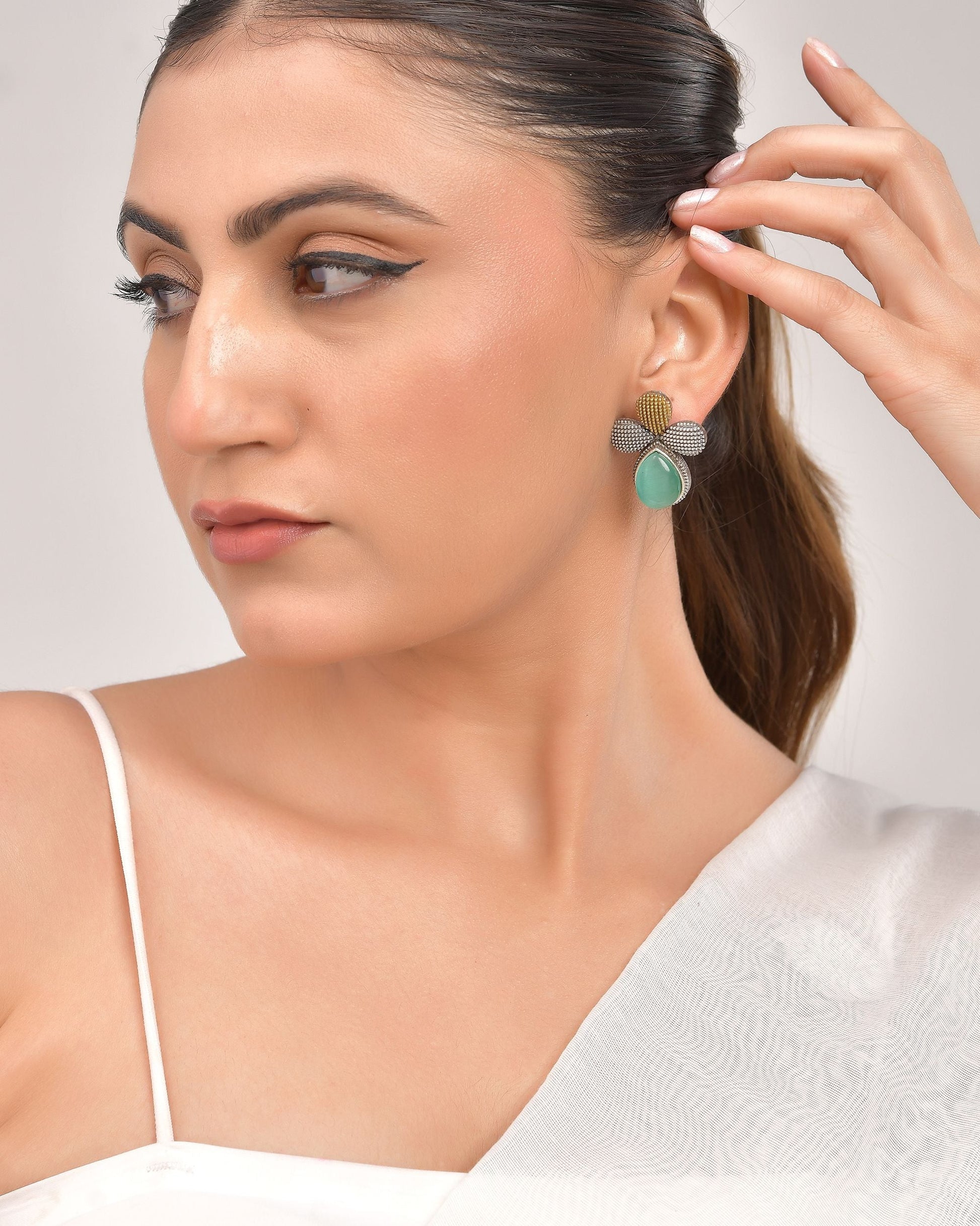 VOJ Silver Toned Teal Stone Studded Elegant Earrings - Swadesiicart